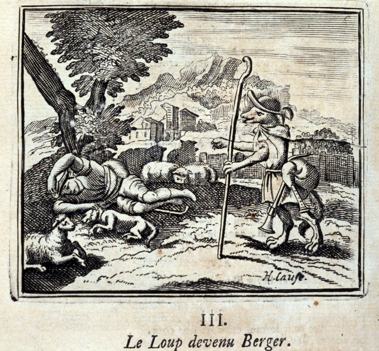 The Wolf tornou-se Berger.Fables por Jean de La Fontaine (1621-95). Ilustração de François Chauveau (1613-1676). Edição de 1728. de Francois Chauveau
