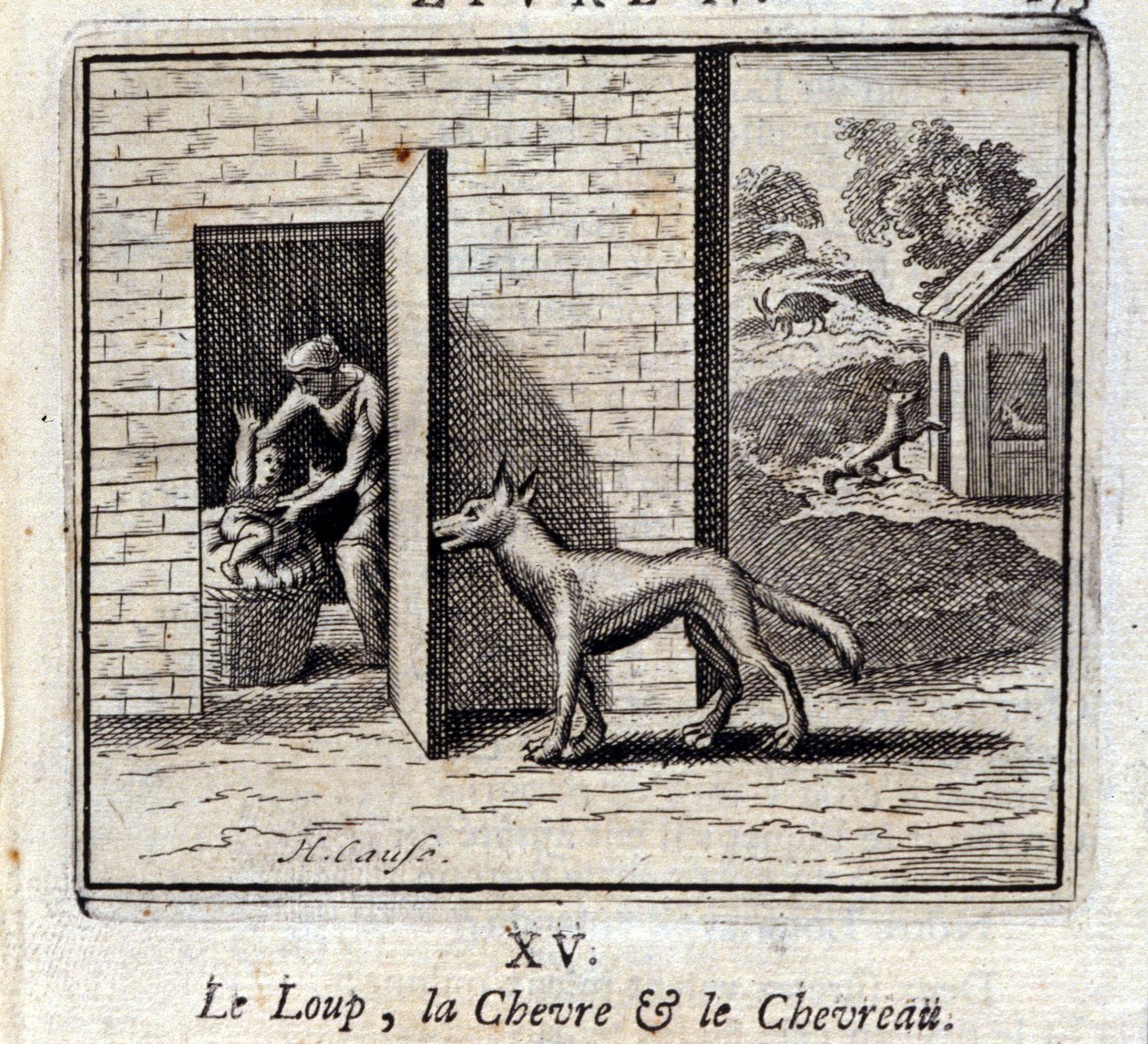 O Lobo, o Bode e o Bode. Fábulas de Jean de La Fontaine (1621-95). Ilustração de François Chauveau (1613-1676). Edição de 1728. de Francois Chauveau
