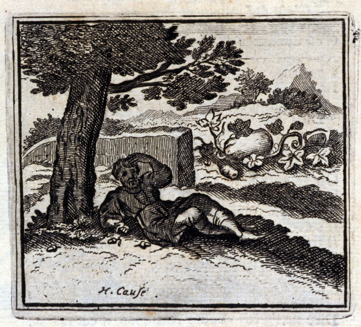 A bolota e a abóbora. Fábulas de Jean de La Fontaine (1621-95). Ilustração de François Chauveau (1613-1676). Edição de 1728. de Francois Chauveau