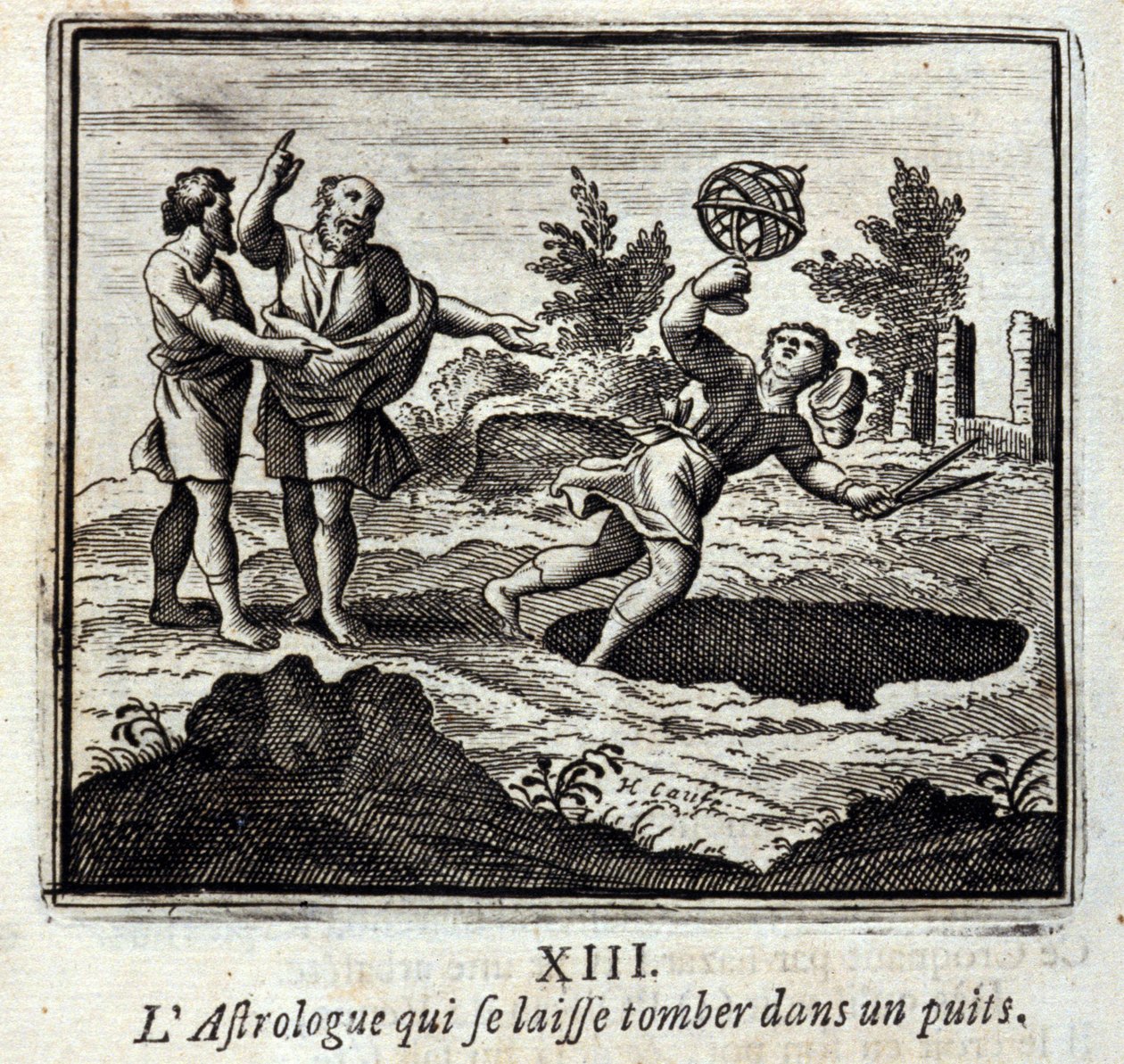 O astrólogo que cai num poço. Fábulas de Jean de La Fontaine (1621-95). Ilustração de François Chauveau (1613-1676). Edição de 1728. de Francois Chauveau