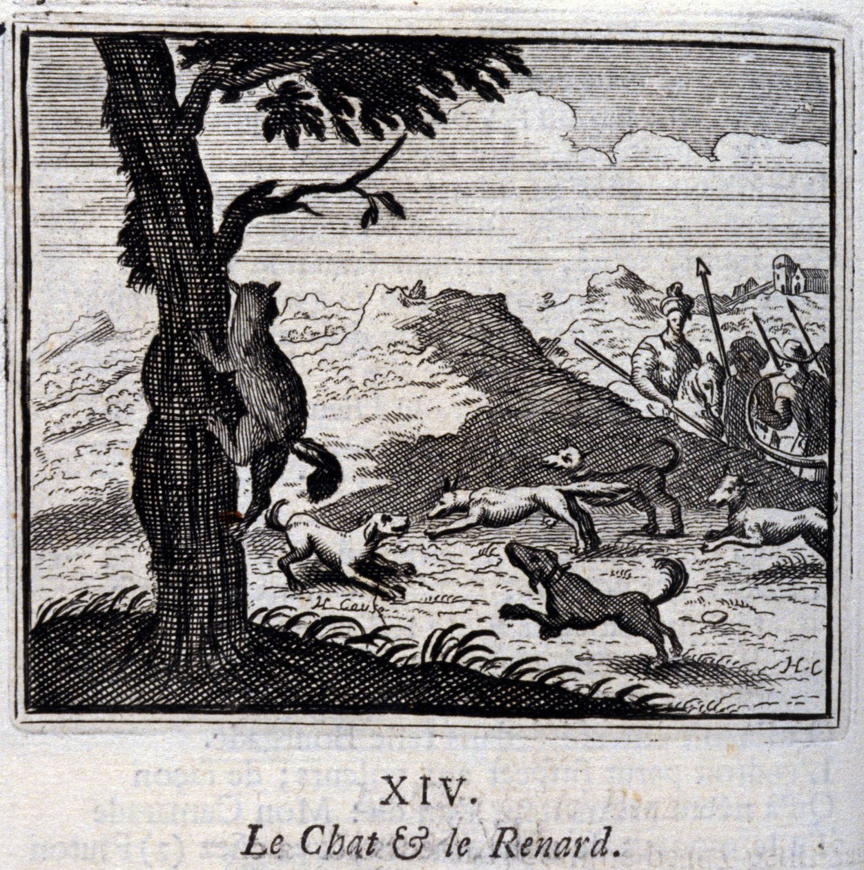 O gato e a raposa. Fábulas de Jean de La Fontaine (1621-95). Ilustração de François Chauveau (1613-1676). Edição de 1728. de Francois Chauveau