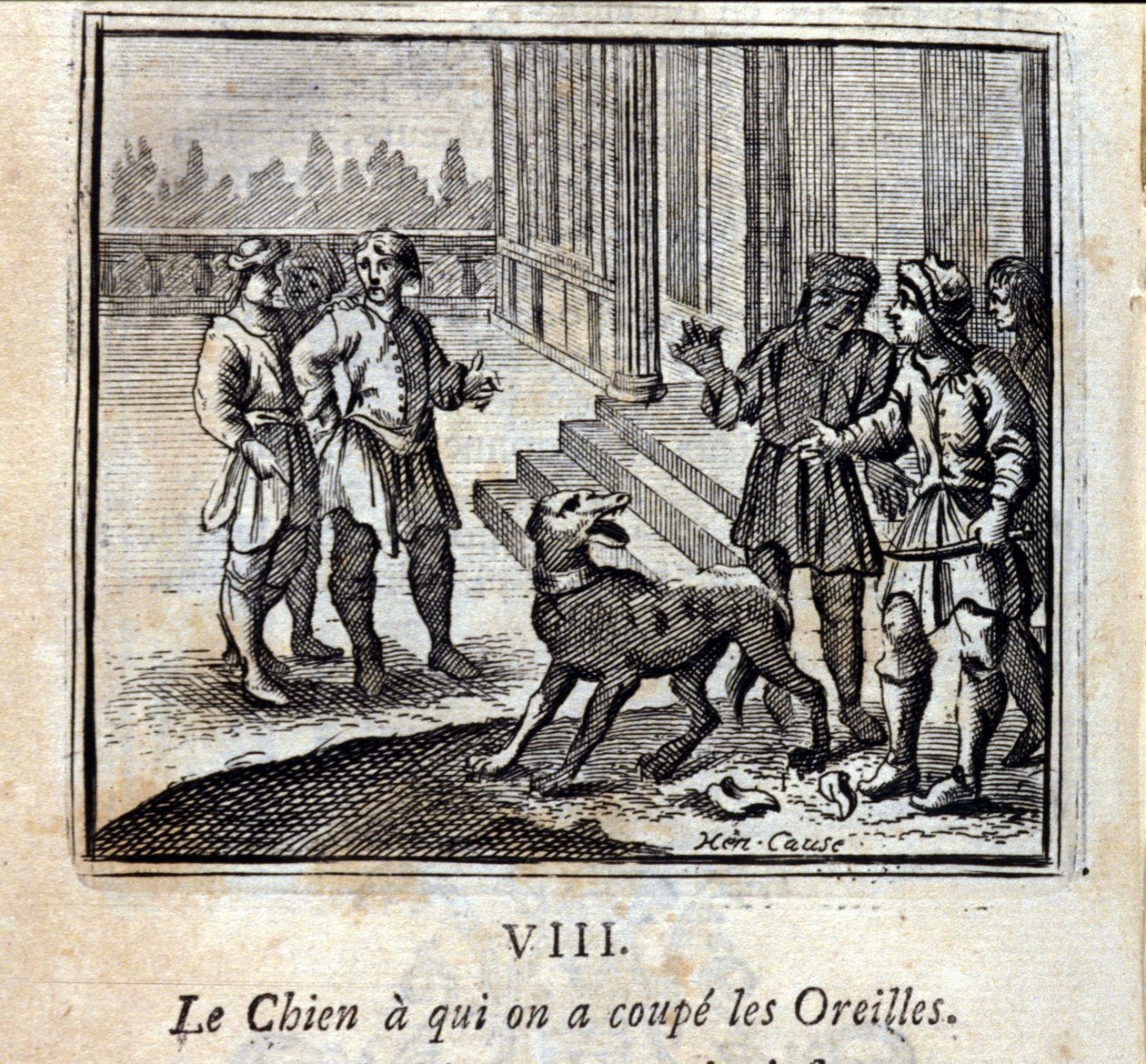 O cão que lhe cortamos as orelhas. Fábulas de Jean de La Fontaine (1621-95). Ilustração de François Chauveau (1613-1676). Edição de 1728. de Francois Chauveau