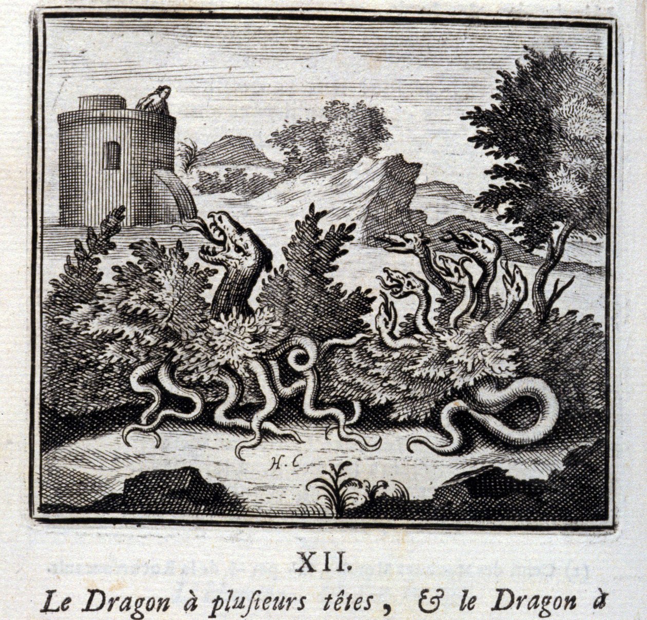 O dragão tem várias cabeças e o dragão tem várias caudas. Fábulas de Jean de La Fontaine (1621-95). Ilustração de François Chauveau (1613-1676). Edição de 1728. de Francois Chauveau