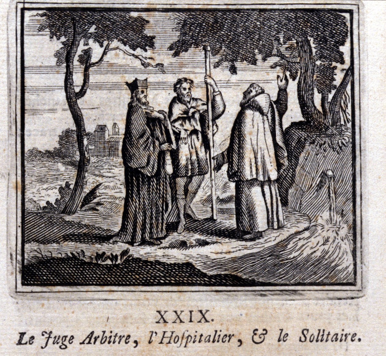 O juiz refere o Hospitaller e o Solitaire. Fábulas de Jean de La Fontaine (1621-95). Ilustração de François Chauveau (1613-1676). Edição de 1728. de Francois Chauveau