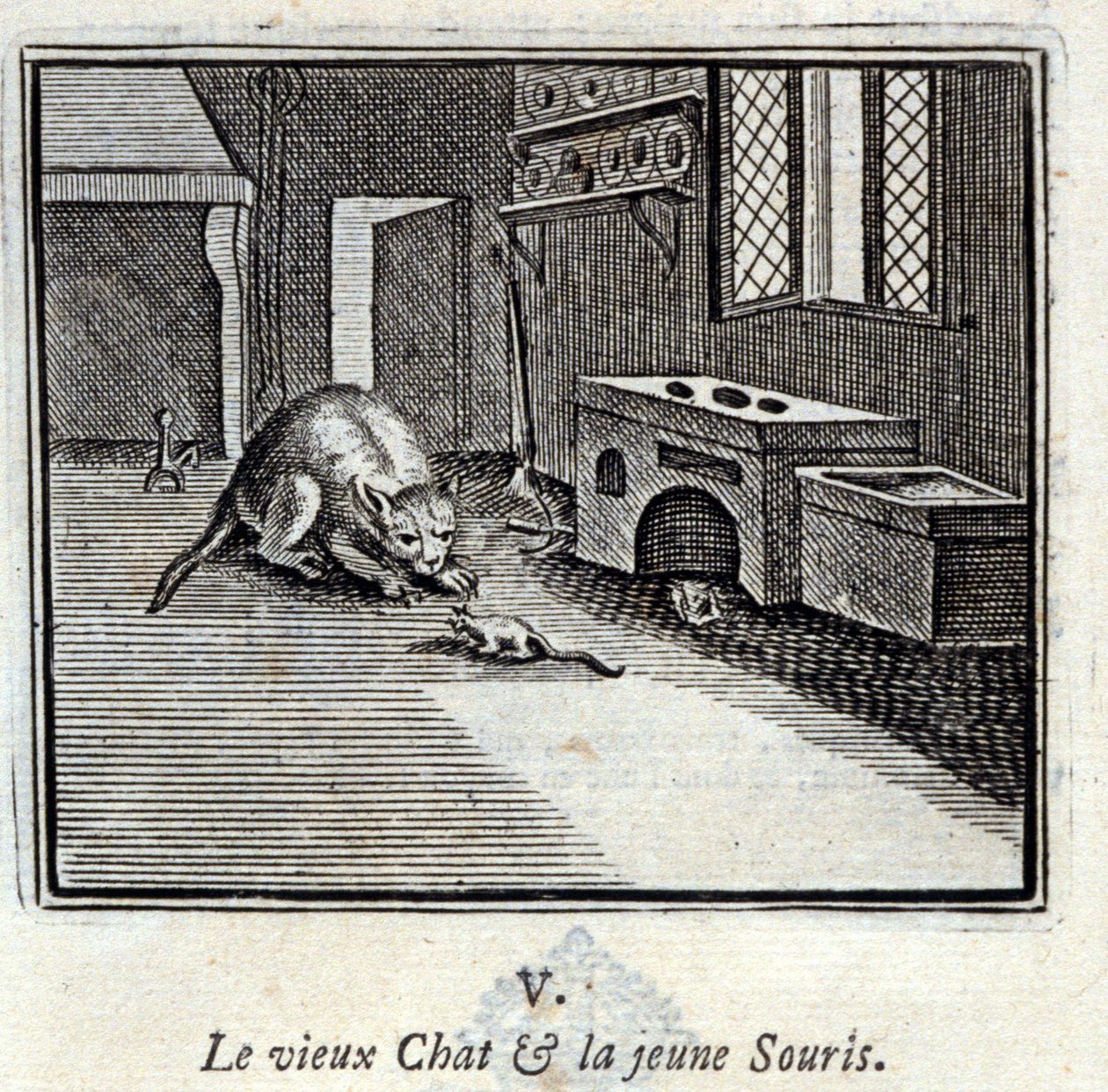 O velho Gato e o jovem Rato. Fábulas de Jean de La Fontaine (1621-95). Ilustração de François Chauveau (1613-1676). Edição de 1728. de Francois Chauveau