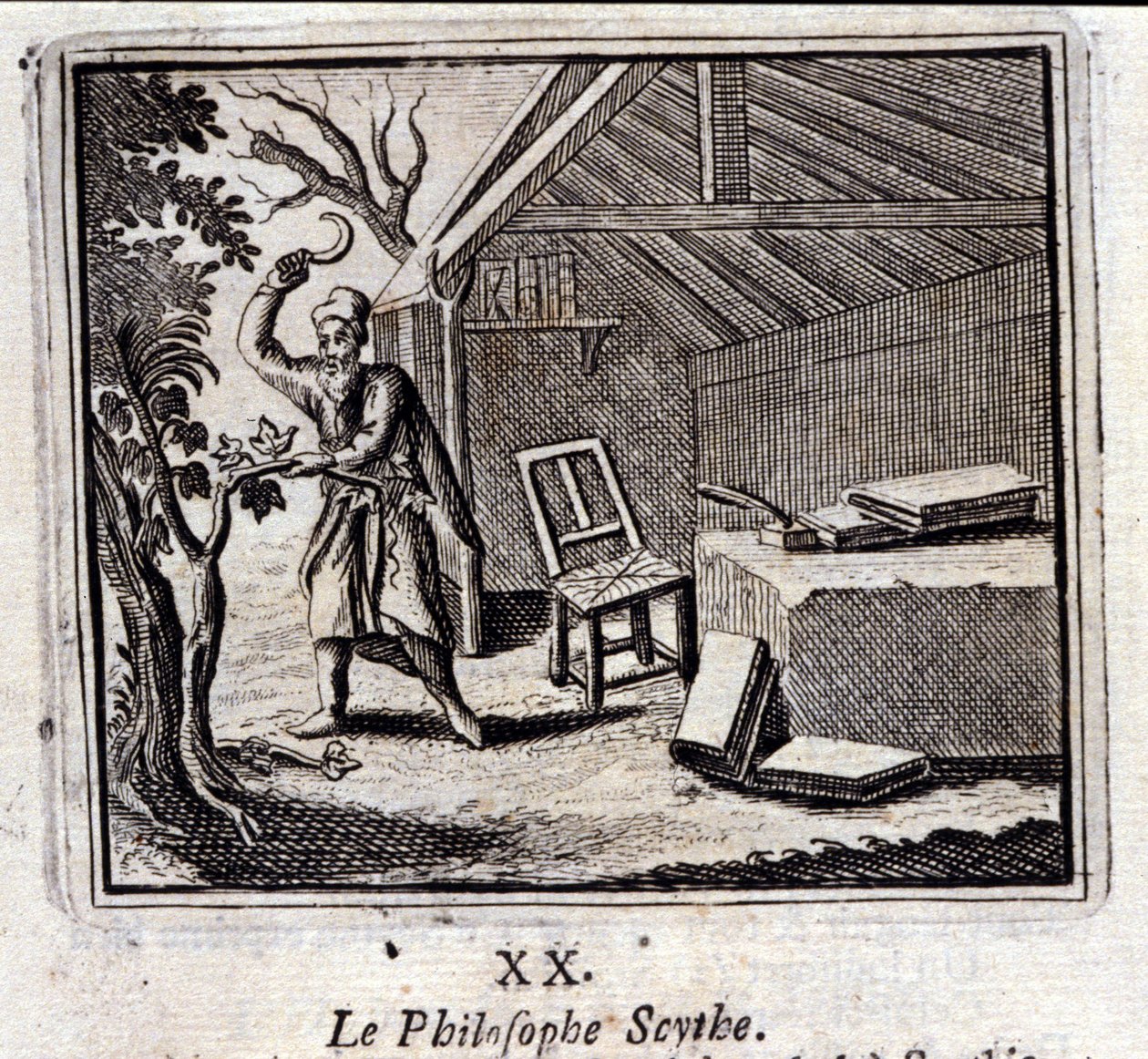 O filósofo Scythe. Fábulas de Jean de La Fontaine (1621-95). Ilustração de François Chauveau (1613-1676). Edição de 1728. de Francois Chauveau