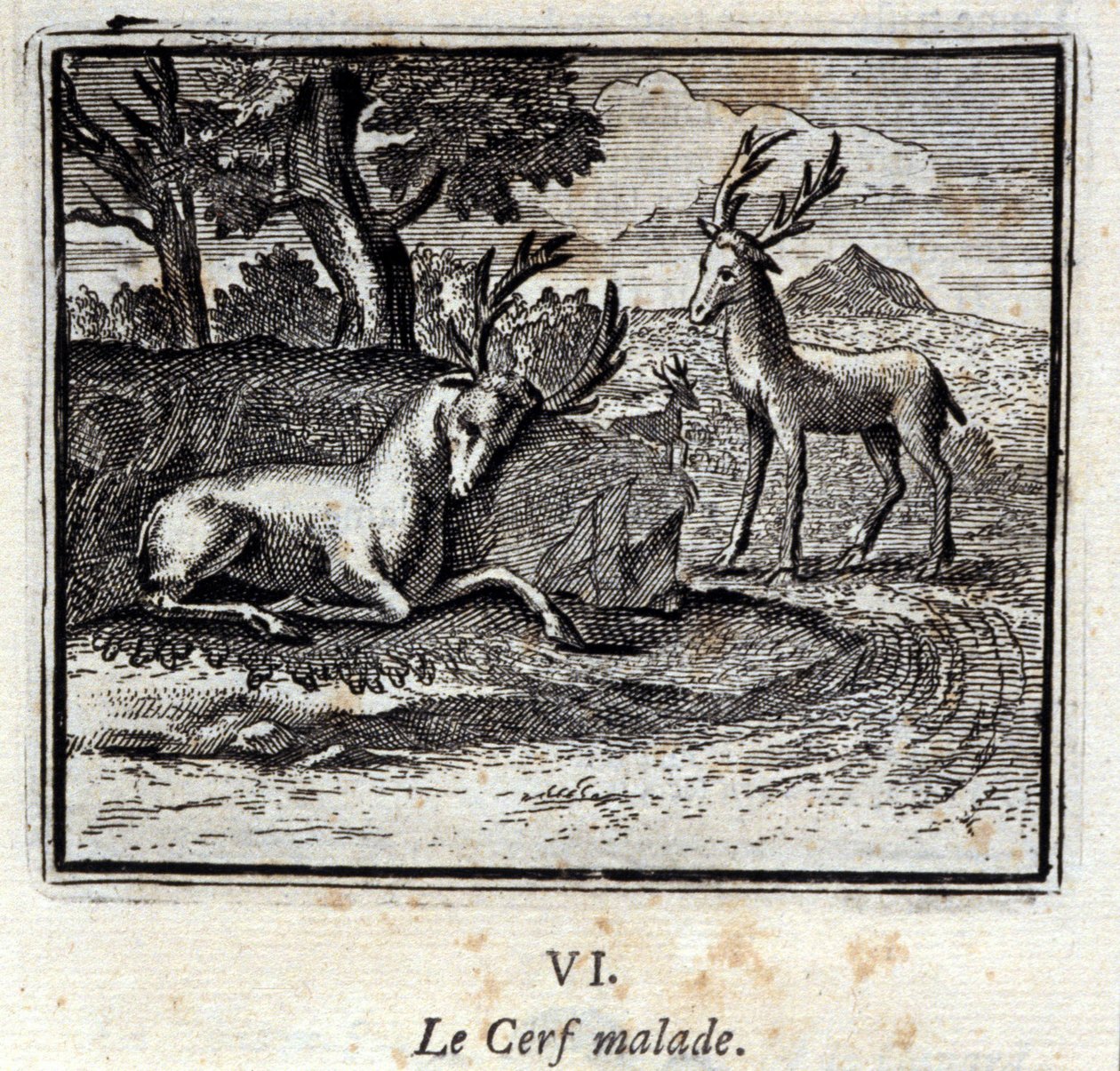 O veado doente. Fábulas de Jean de La Fontaine (1621-95). Ilustração de François Chauveau (1613-1676). Edição de 1728. de Francois Chauveau
