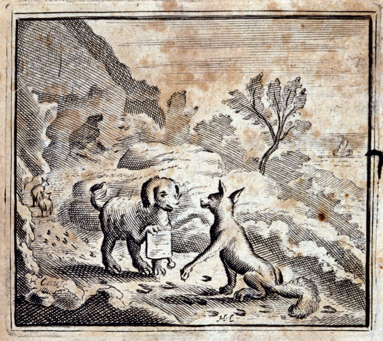 O leão doente e a raposa. Fábulas de Jean de La Fontaine (1621-95). Ilustração de François Chauveau (1613-1676). Edição de 1728. de Francois Chauveau