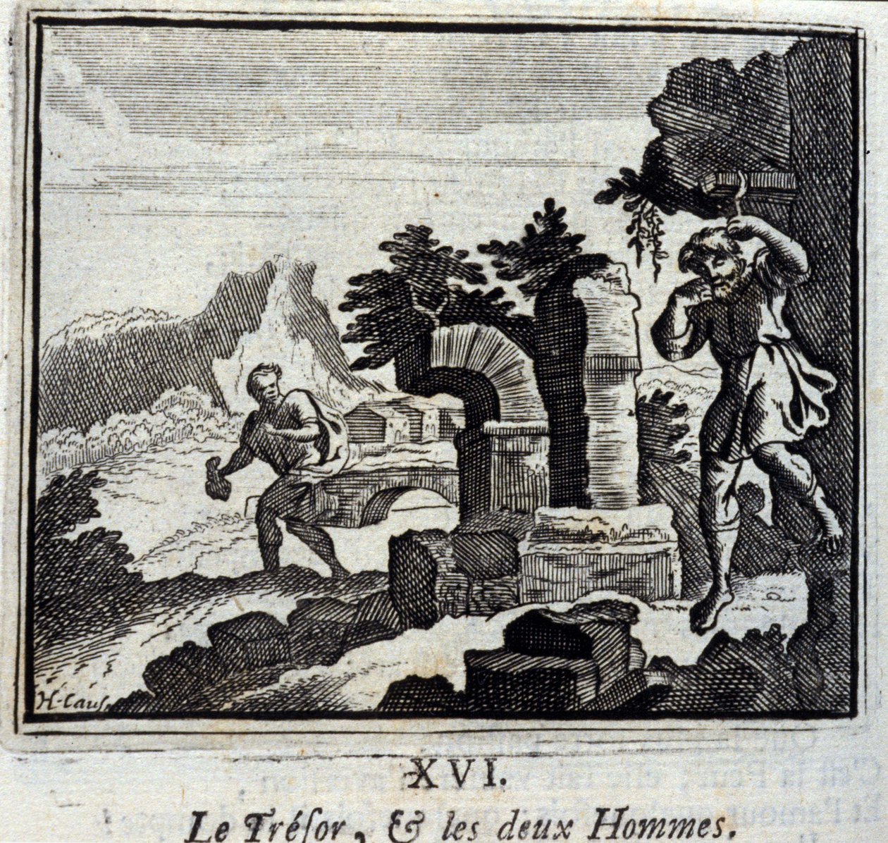 O tesoureiro e os dois homens. Fábulas de Jean de La Fontaine (1621-95). Ilustração de François Chauveau (1613-1676). Edição de 1728. de Francois Chauveau