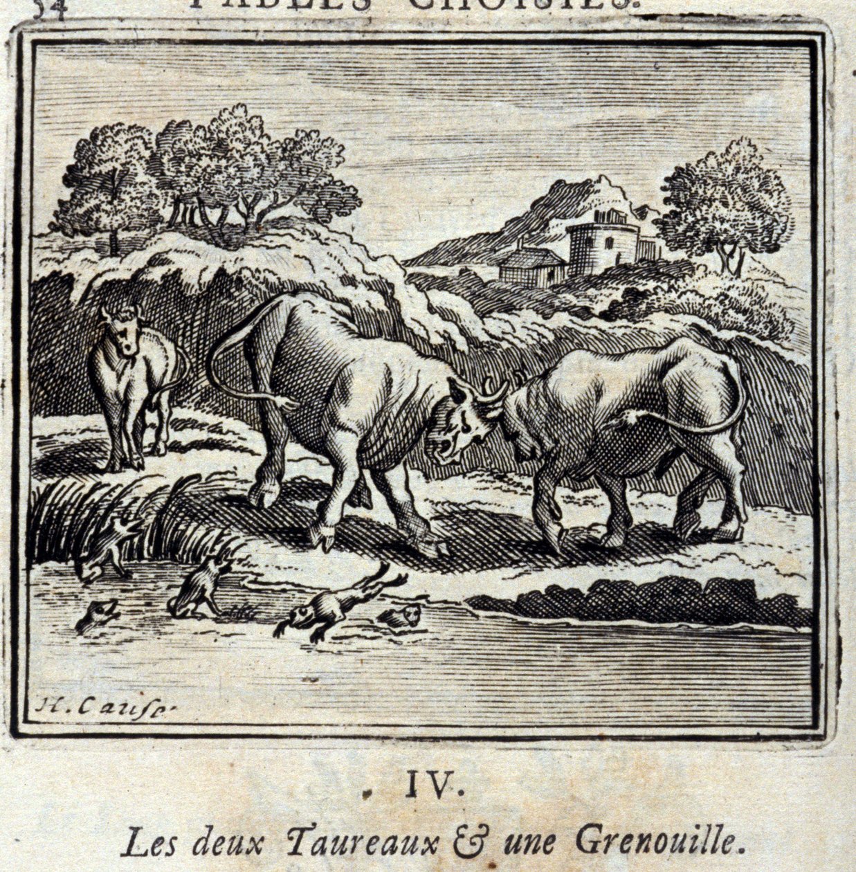 Os dois Bulls e um Frog. Fábulas de Jean de La Fontaine (1621-95). Ilustração de François Chauveau (1613-1676). Edição de 1728. de Francois Chauveau