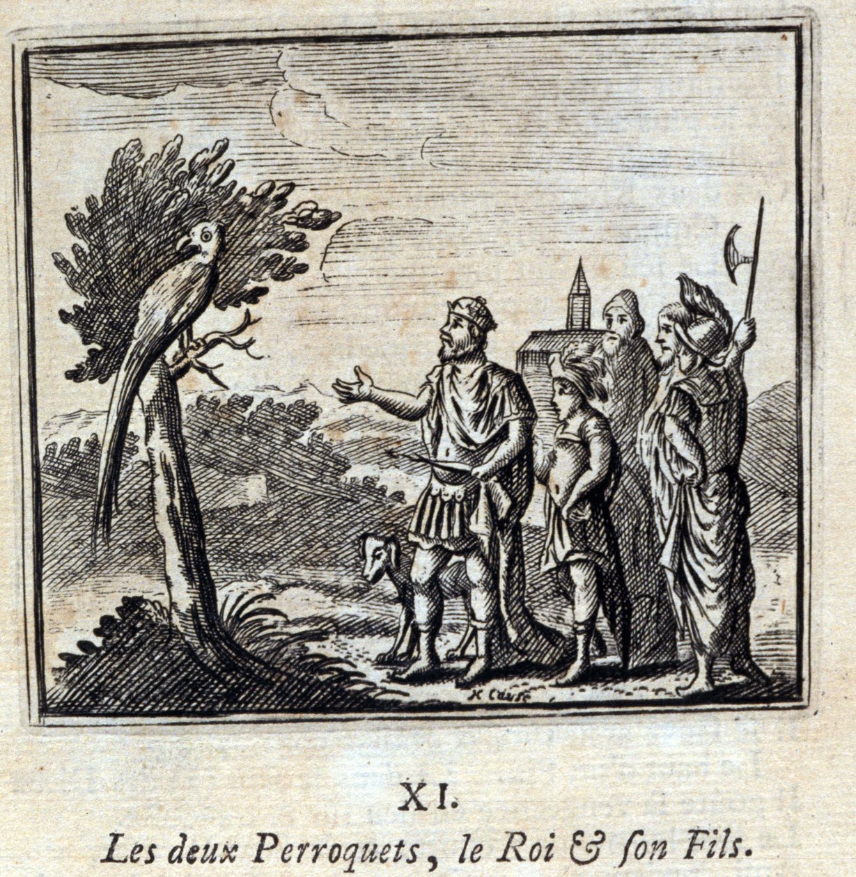 Os dois Papagaios, o Rei e o seu Filho. Fábulas de Jean de La Fontaine (1621-95). Ilustração de François Chauveau (1613-1676). Edição de 1728. de Francois Chauveau