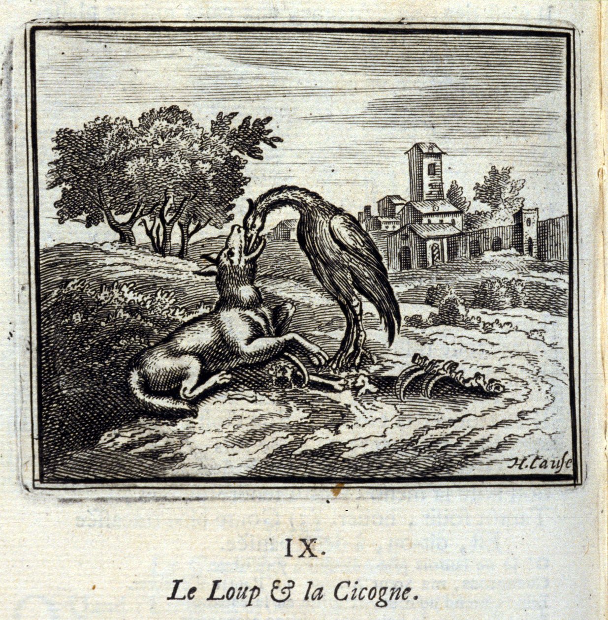 O lobo e a cegonha. Fábulas de Jean de La Fontaine (1621-95). Ilustração de François Chauveau (1613-1676). Edição de 1728. de Francois Chauveau