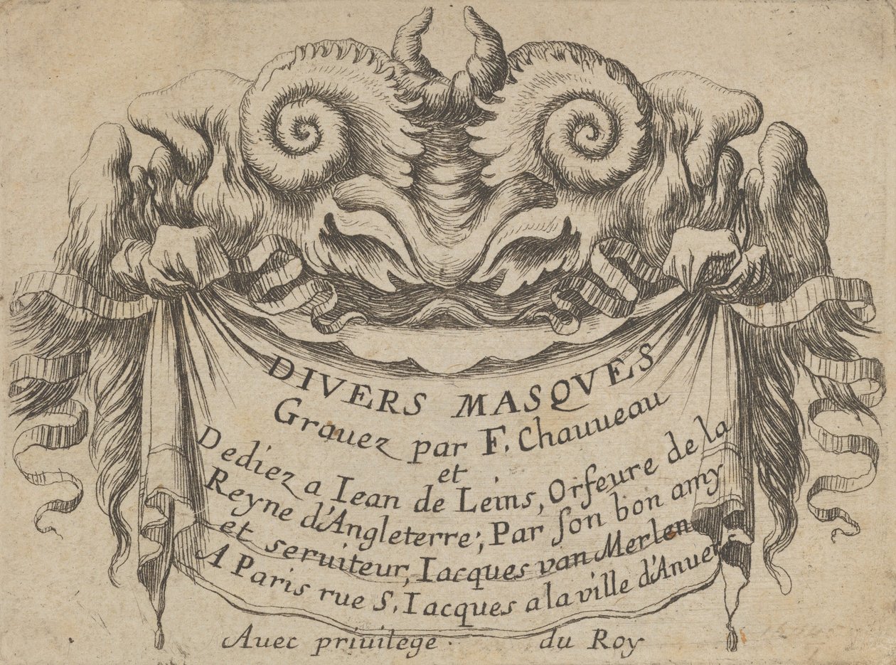 Placa de título com duas cabeças de sátiro, de Divers Masques, ca. 1635-45. de Francois Chauveau