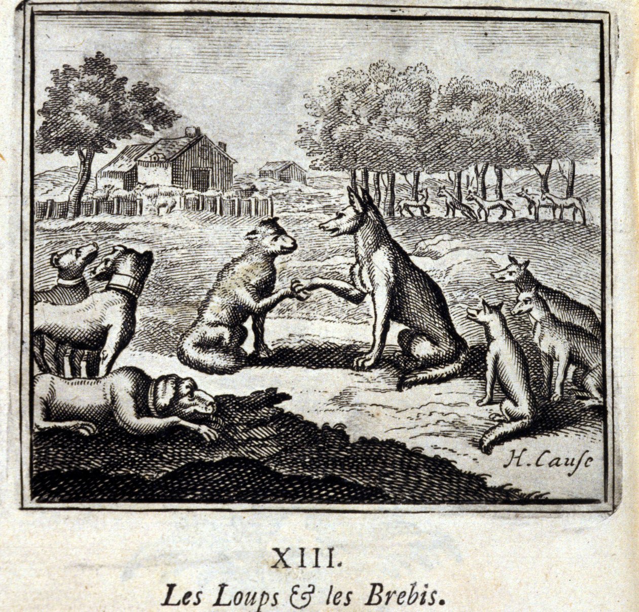 Lobos e ovelhas. Fábulas de Jean de La Fontaine (1621-95). Ilustração de François Chauveau (1613-1676). Edição de 1728. de Francois Chauveau