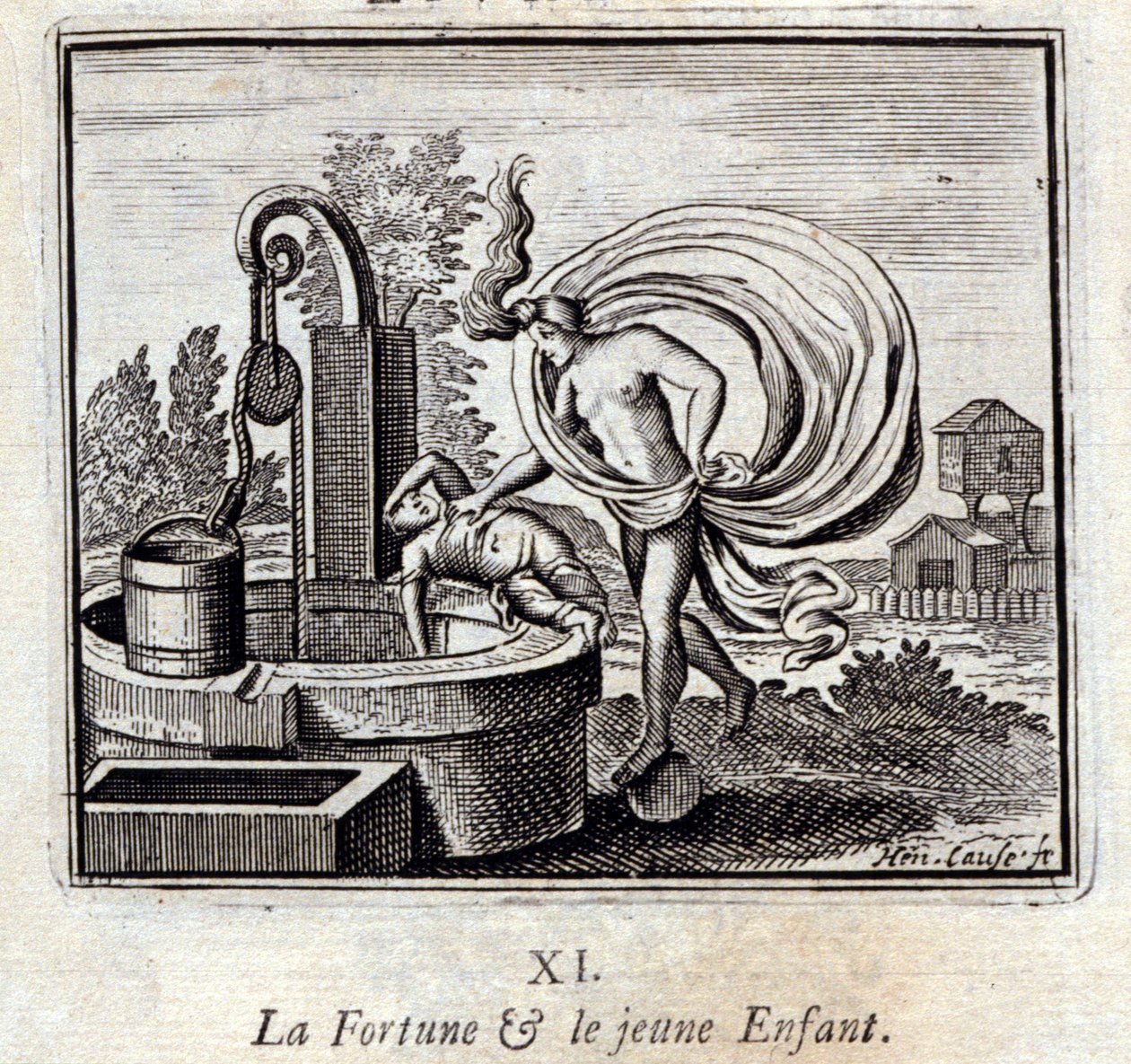a Fortuna e a Criança Pequena. Fábulas de Jean de La Fontaine (1621-95). Ilustração de François Chauveau (1613-1676). Edição de 1728. de Francois Chauveau