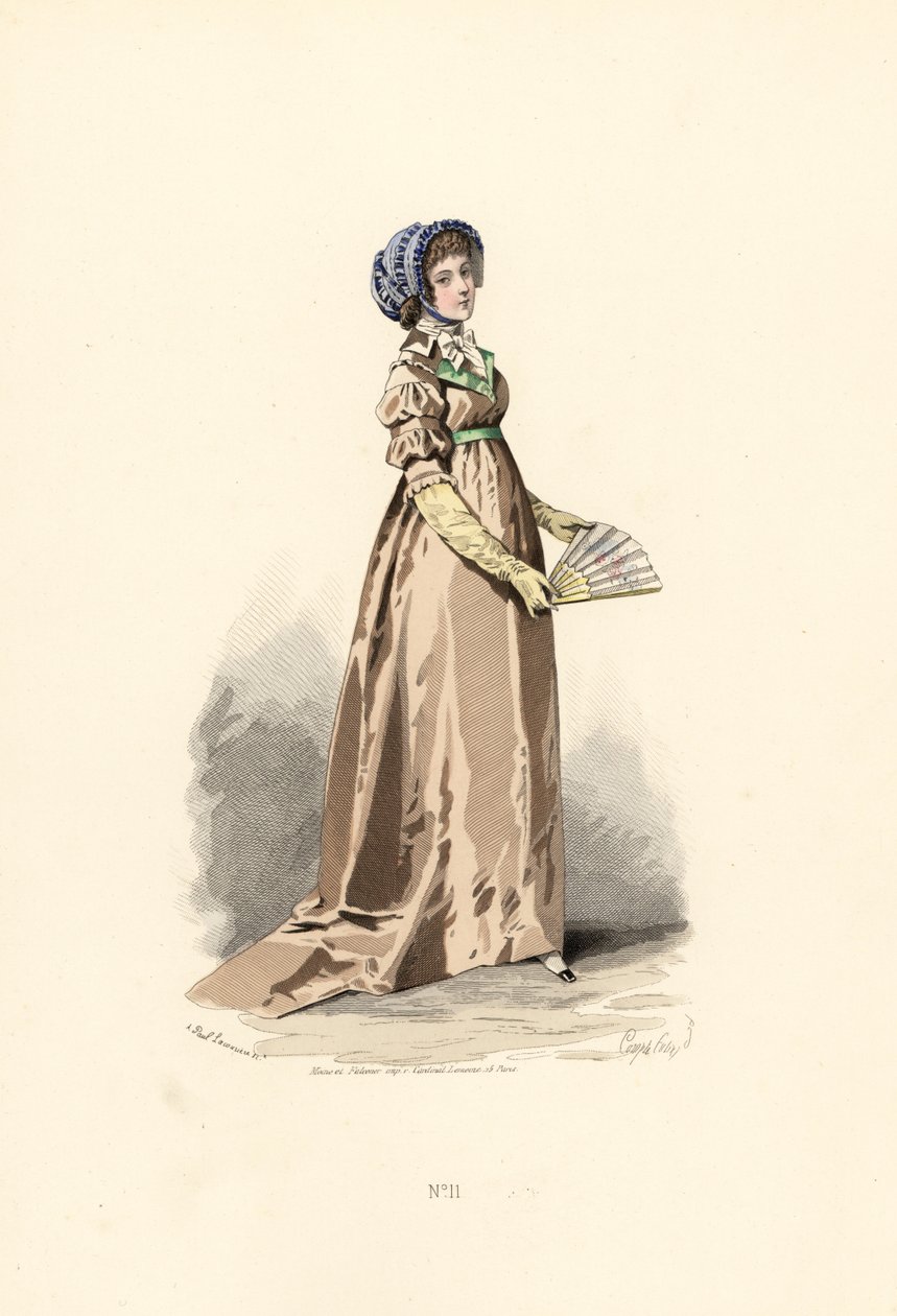Mulher com vestido cor de avelã, fichu-chemise e chapéu azul. de Francois Claudius (after) Compte Calix