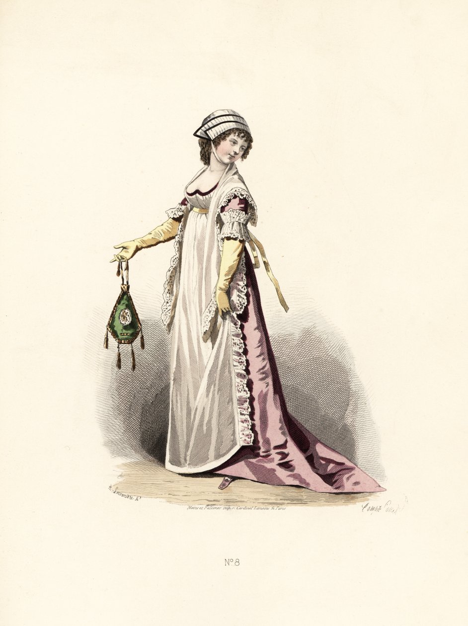 Mulher com vestido, avental e xaile de cor de pansy. de Francois Claudius (after) Compte Calix