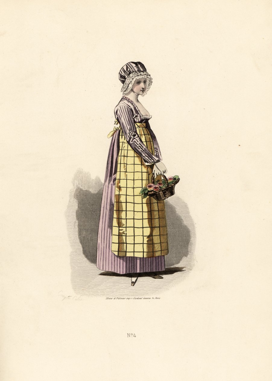 Mulher com um vestido de maricas com avental cor de palha. de Francois Claudius (after) Compte Calix