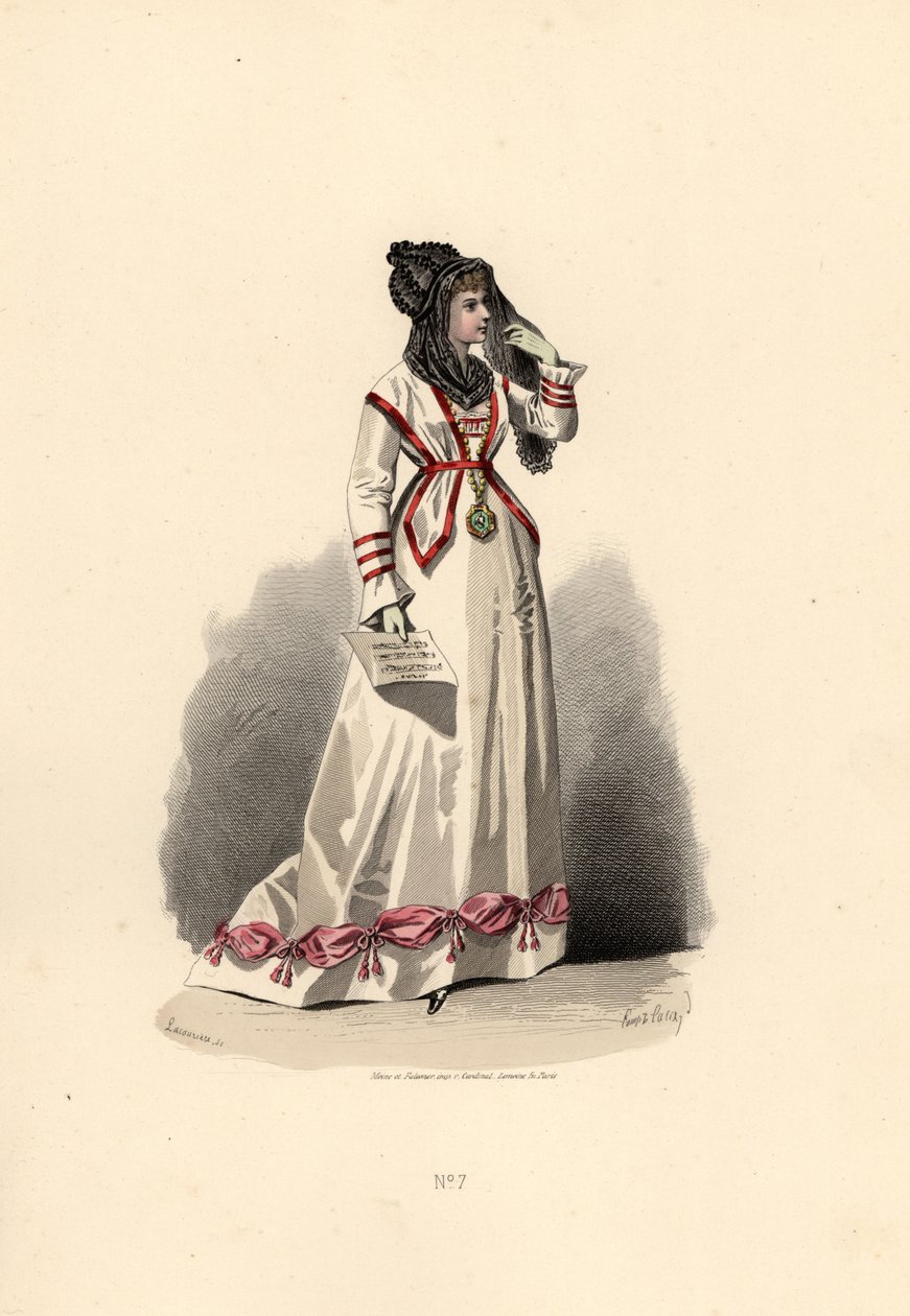 Mulher com vestido branco ornamentado com bouffants cor-de-rosa. de Francois Claudius (after) Compte Calix