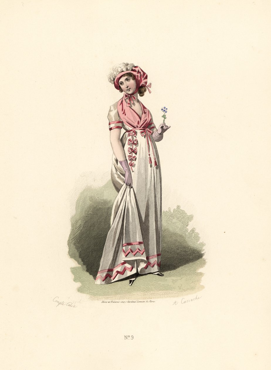 Mulher de vestido branco, fichu rosa e corsage. de Francois Claudius (after) Compte Calix