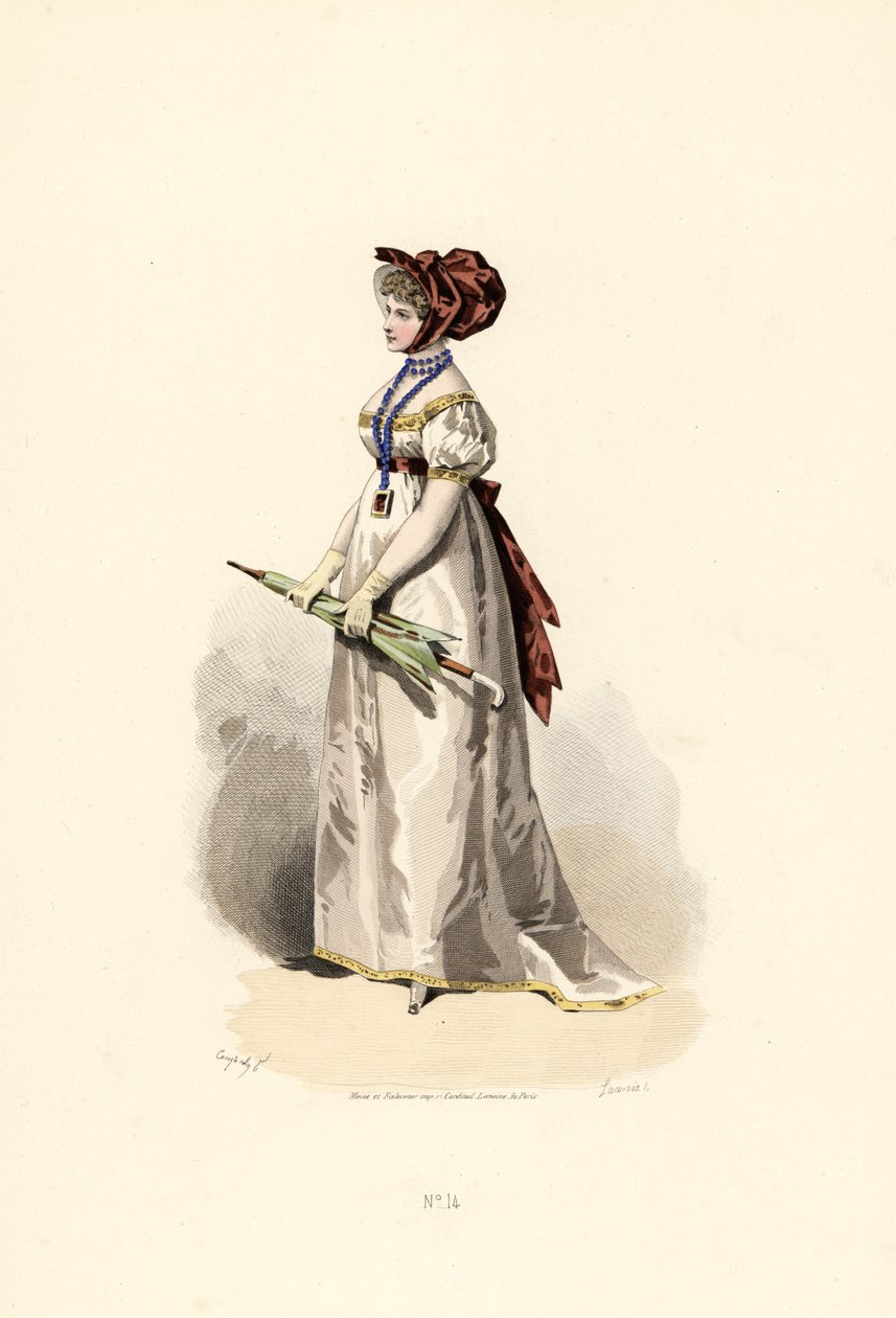 Mulher com vestido branco, com debrum cor de palha e cinto com granada. de Francois Claudius (after) Compte Calix