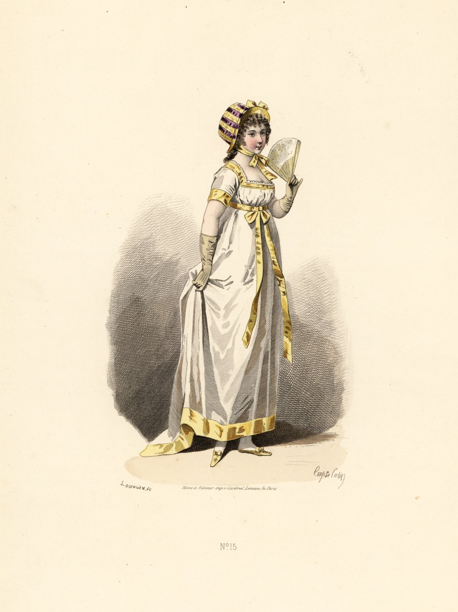 Mulher de vestido branco com caimento amarelo com leque. de Francois Claudius (after) Compte Calix