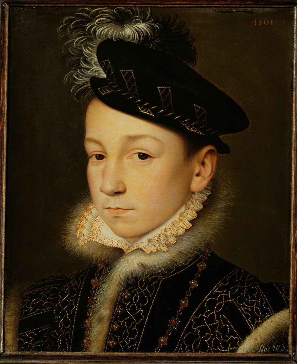 Rei Carlos IX de França ... (óleo sobre madeira de carvalho) de François Clouet