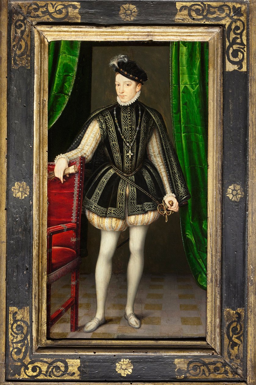 Retrato de Carlos IX (1550-1574), segundo filho de Henrique II e Catarina de Medicis, rei de França na morte de seu irmão em François II (1544-1560), casado em 1570 Isabel da Áustria (1554-1592), Sua Regra é marcada pelas guerras da religião e da de François Clouet