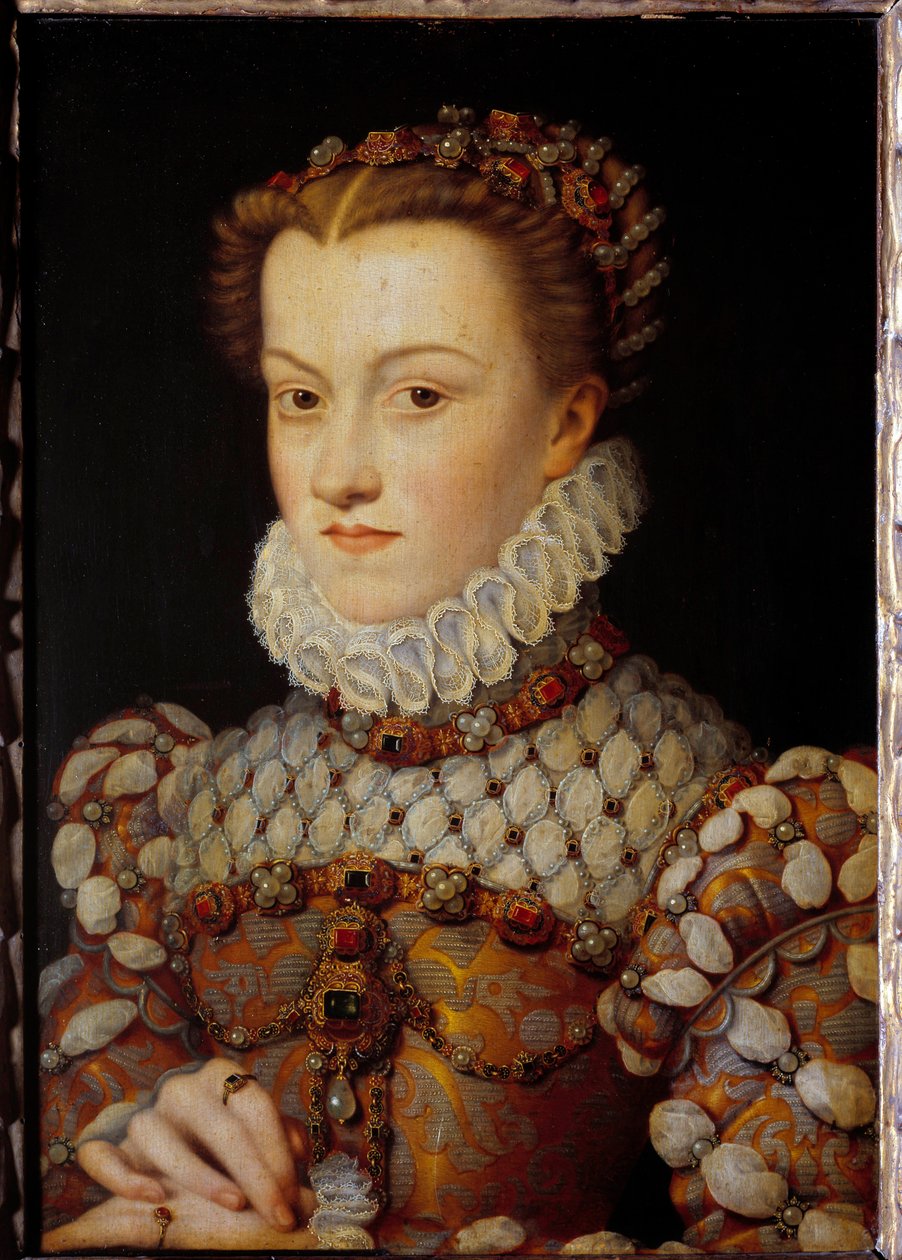 Retrato de Elisabeth da Áustria (1554-1592) Rainha de França, esposa de Charles IX Pintura de François Clouet (1515-1572) cerca de 1571 Sun. 0,36x0,26 m - Retrato de Elisabeth da Áustria (1554-1592), Rainha de França, esposa de Carlos IX. Pintura de Franço de François Clouet