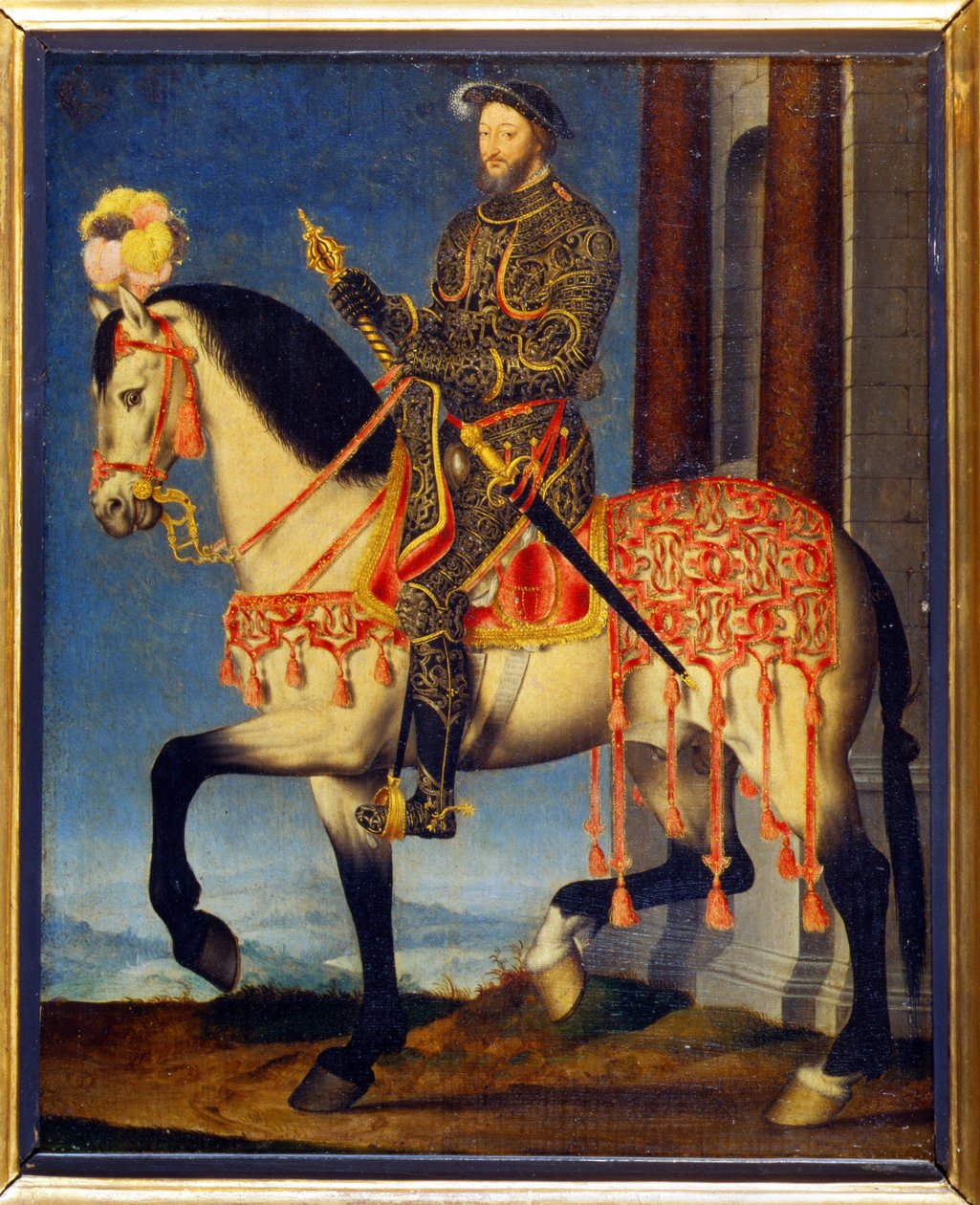 Retrato de François I a cavalo por François Clouet (c. 1510 - 1572). Musee des Uffizi, Florença - Retrato equestre de Francisco I da França (óleo sobre painel) de François Clouet