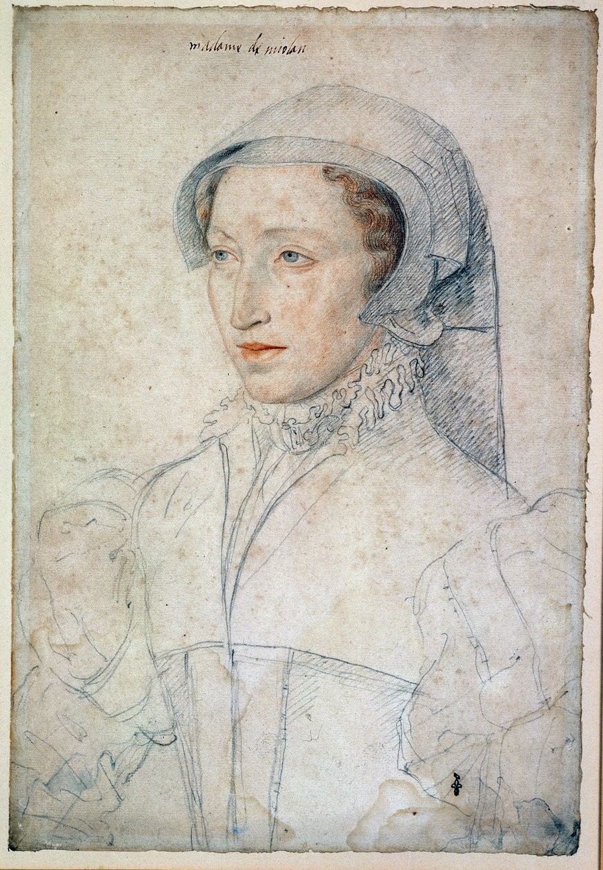 Retrato de Françoise Mareschal do Parc dame de Mitte-de-Miolans (Mitte de Miolans), esposa de João III de Miolans (cerca de 1520-1575). Senhora de Honra de Catarina de Medicis (Caterina de Medici). Desenho com pedra negra e sangue de François Clouet (1515 de François Clouet