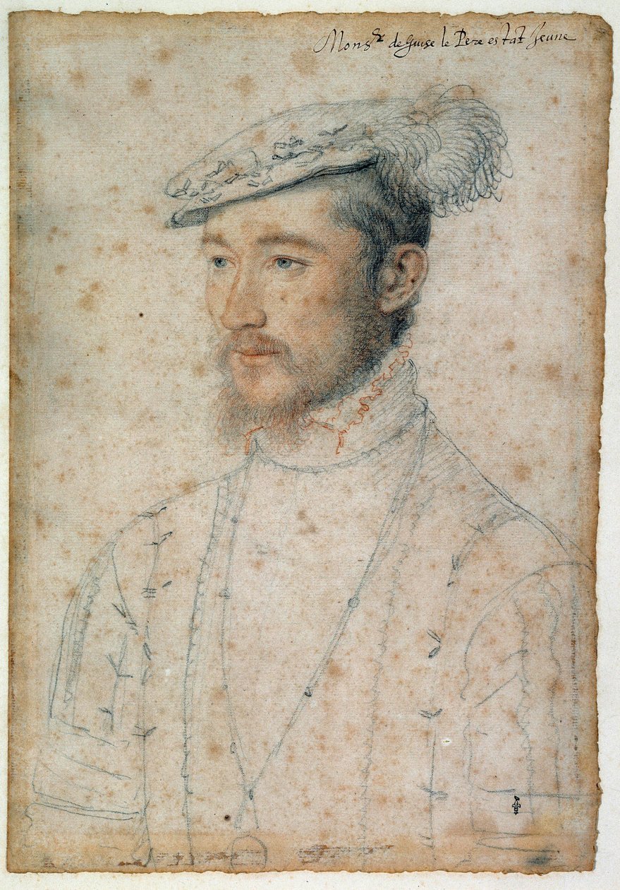 Retrato de François de Lorraine, Duque de Guise (1520 - 1563). Desenho de sangue e pedra negra de Clouet François (1515-1572) de François Clouet