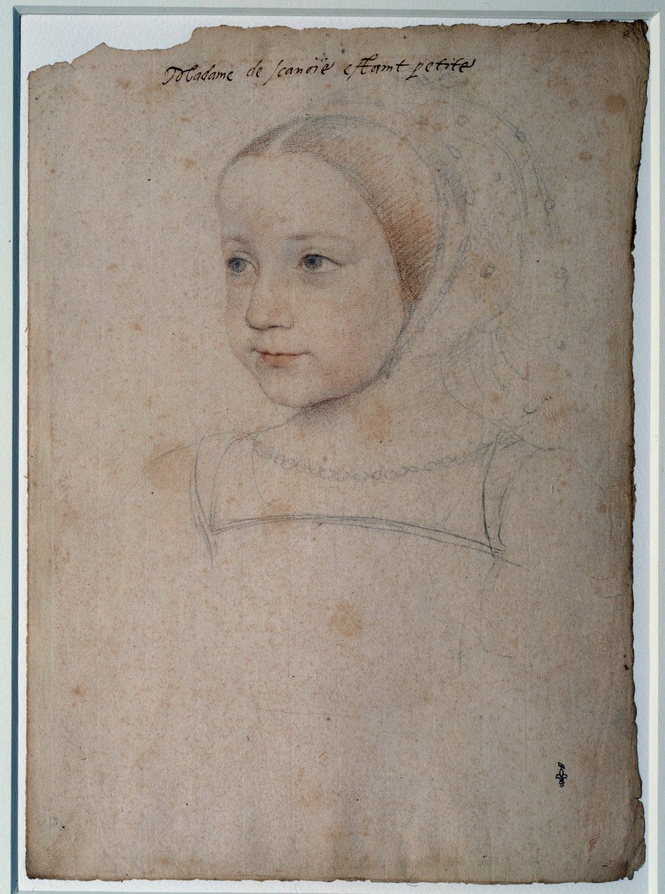 Retrato de Marguerite de France (1523-1574) criança, filha de François I, Duquesa de Sabóia Desenho com pedra preta, sangue realçado com aguarela por François Clouet (1515-1572) Chantilly do século XVI, Musee Conde de François Clouet