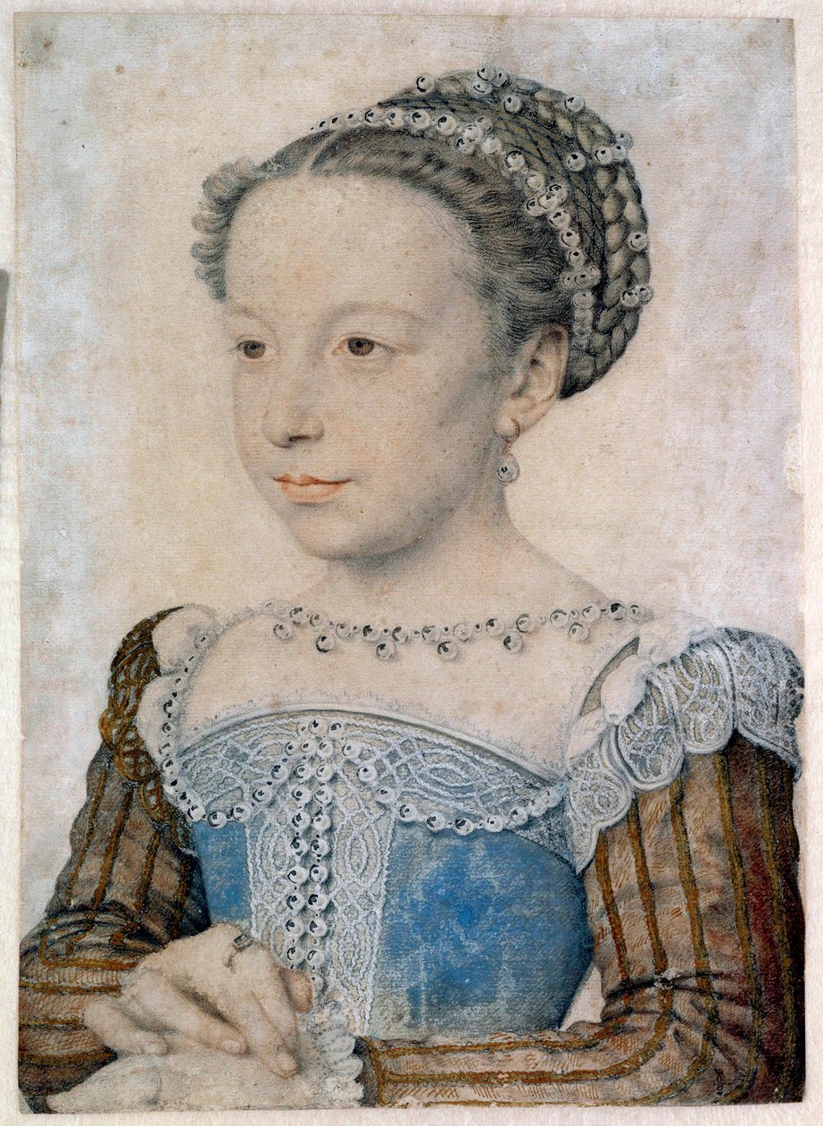 Retrato de Marguerite de Valois (1553-1615) ou Rainha Margot Desenho a lápis e sangue de François Clouet (cerca de 1515-1572) Sol do século XVI. 0,29 X 0,21 m Chantilly, Musee Conde de François Clouet