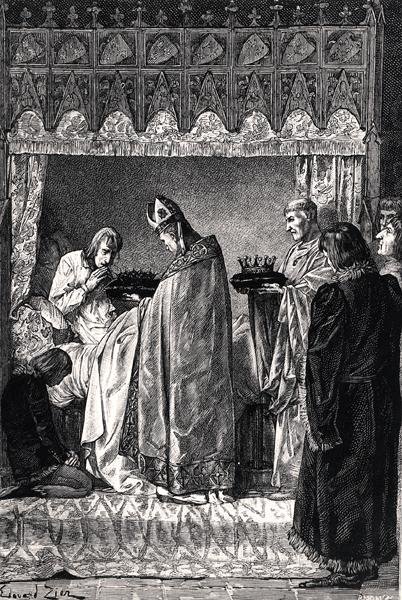 Charles V (1338-80) no seu leito de morte, recebendo a coroa de espinhos com grande devoção religiosa, de 
