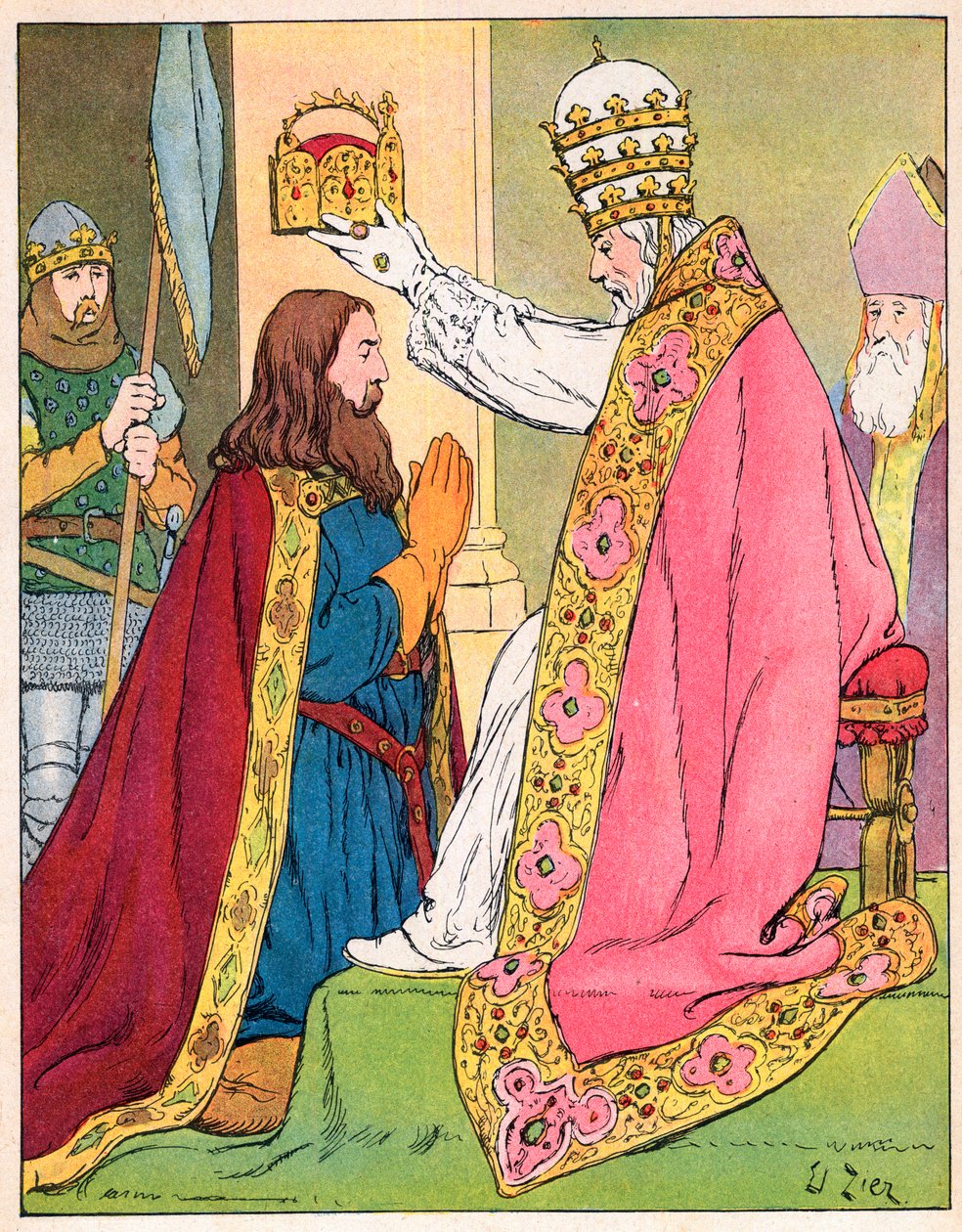 Carlos Magno (742-814) coroado pelo Papa Leão III (c750-816) na basílica de São Pedro, em Roma, em 25 de dezembro de 800 - Sagrado (Coroação) de Carlos Magno (742-814) em 800 pelo Papa Leão III - Ilustração de François Zier (1856-1924) tirada de "Our Glory de Francois Edouard Zier