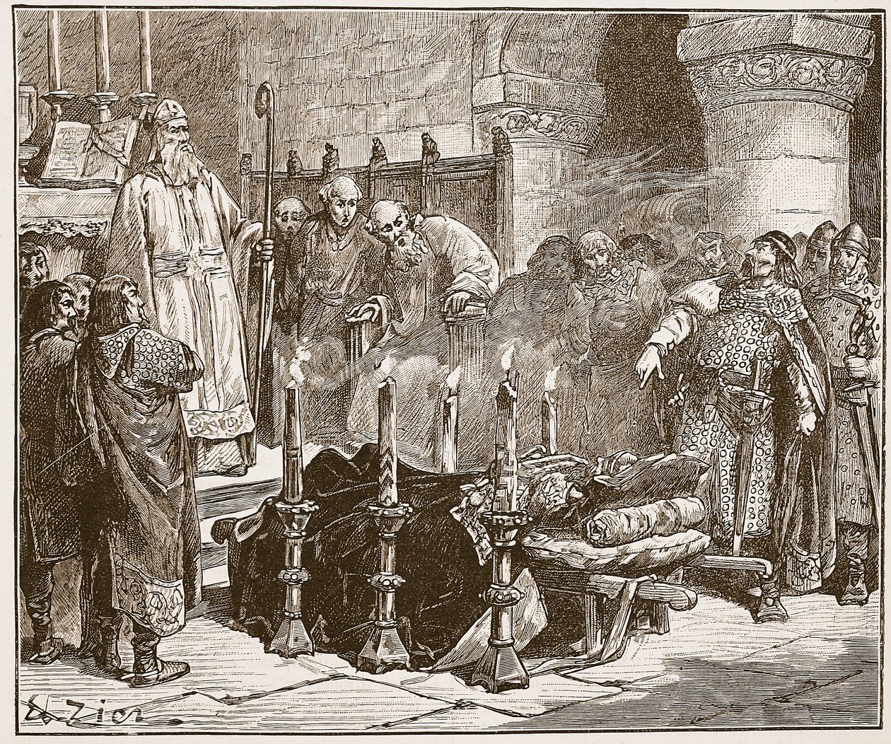 Fitz-Arthur proibindo o enterro de William, ilustração de &39;História Ilustrada de Cassell da Inglaterra&39; (foto sépia) de Francois Edouard Zier