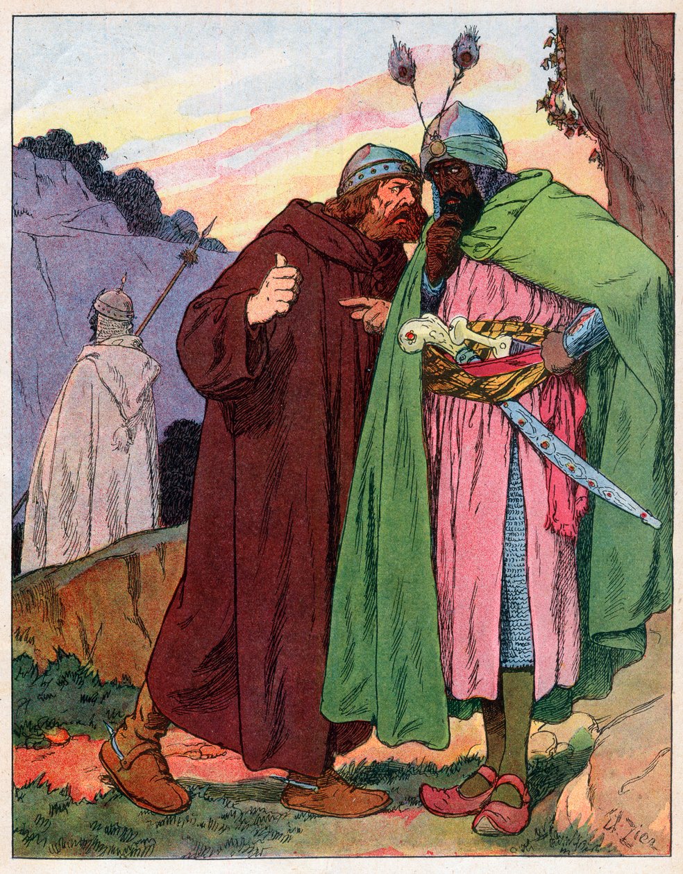 Ganelon relata as palavras do Imperador Carlos Magno (742-814) para o inimigo (Song de Roland) (Matéria da França) - Ilustração de François Zier (1856-1924) tirada de "Nos-Gloriers-Nationales" por volta de 1920 de Francois Edouard Zier