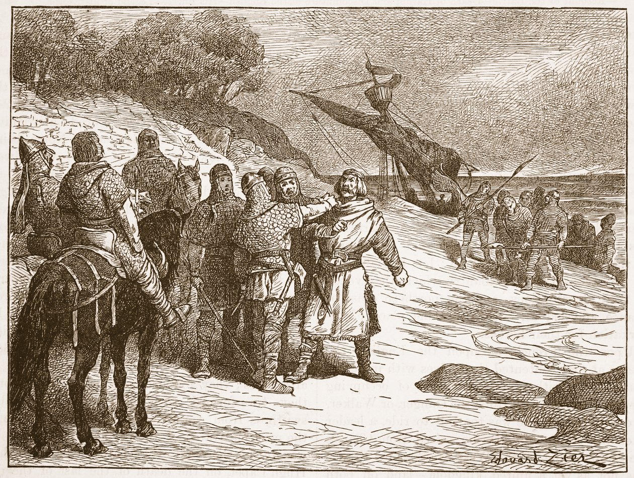 Harold feito prisioneiro pelo Conde de Ponthieu, ilustração de "História Ilustrada de Cassell da Inglaterra" (foto sépia) de Francois Edouard Zier