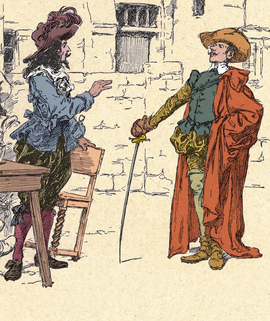 Encontro de Cyrano, jovem, chegando em Paris, com D