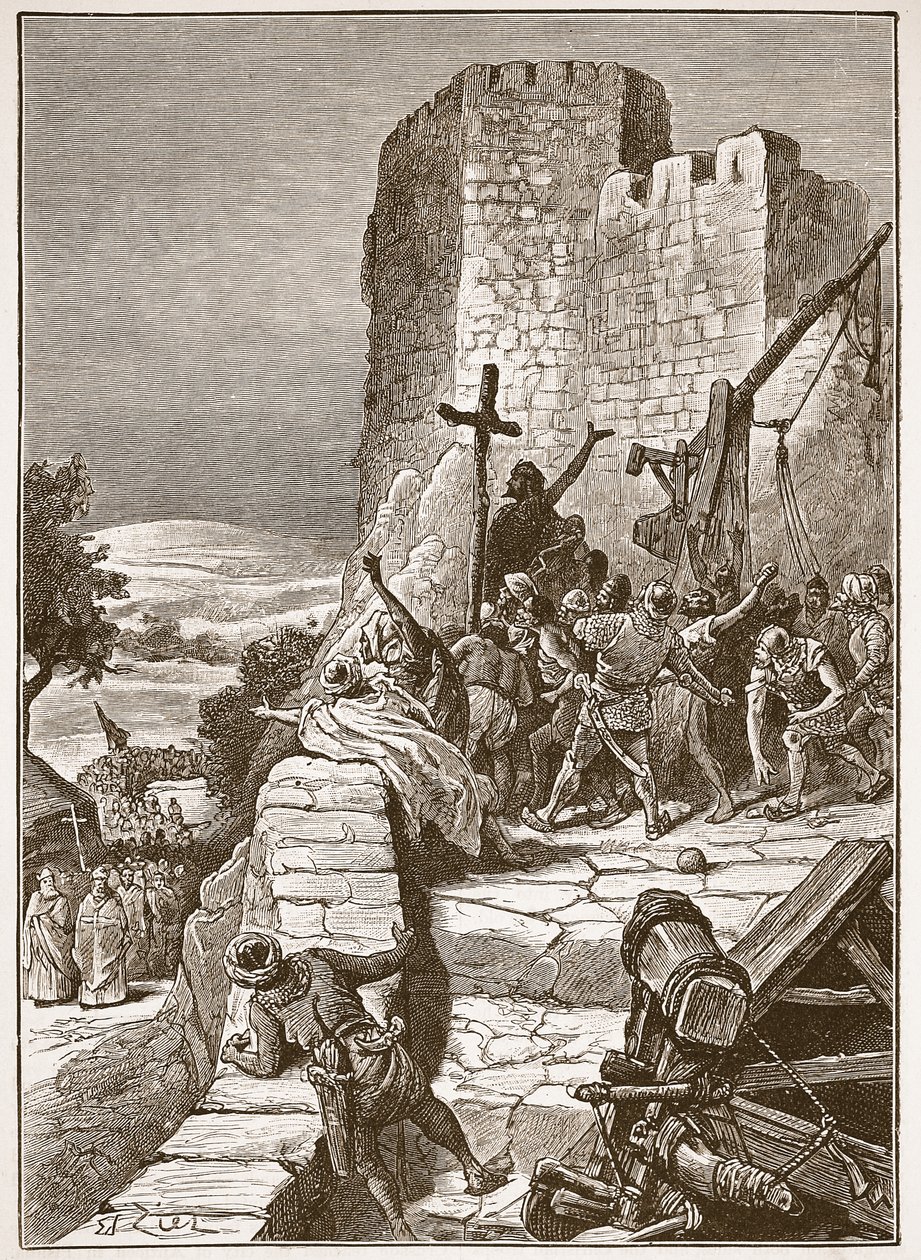 Procissão dos cruzados em volta dos muros de Jerusalém, ilustração da "História Ilustrada de Cassell na Inglaterra" (foto em sépia) de Francois Edouard Zier