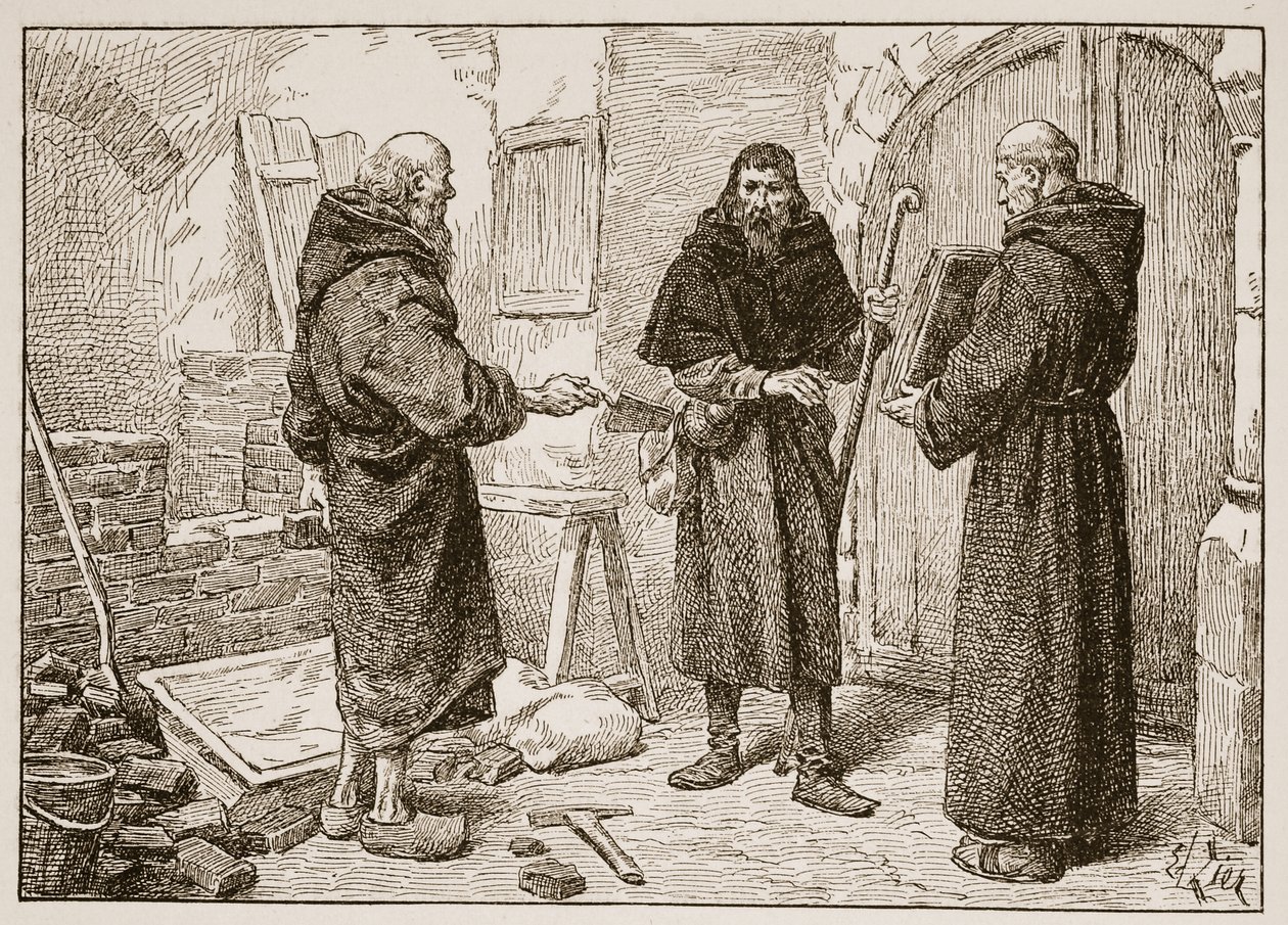 Recepção de Lanfranc por Herlwin, ilustração de "A Igreja da Inglaterra: Uma História para o Povo" por HDM Spence-Jones, pub. c.1910 (foto sépia) de Francois Edouard Zier