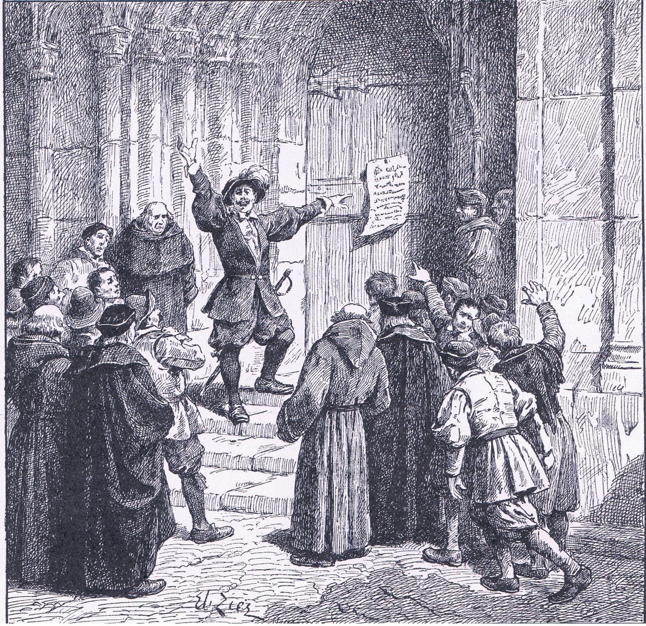 Robert Aske afixando sua proclamação à porta do York Minster, de Cassells History of the British People publicado pela Waverley Book Company, c.1950