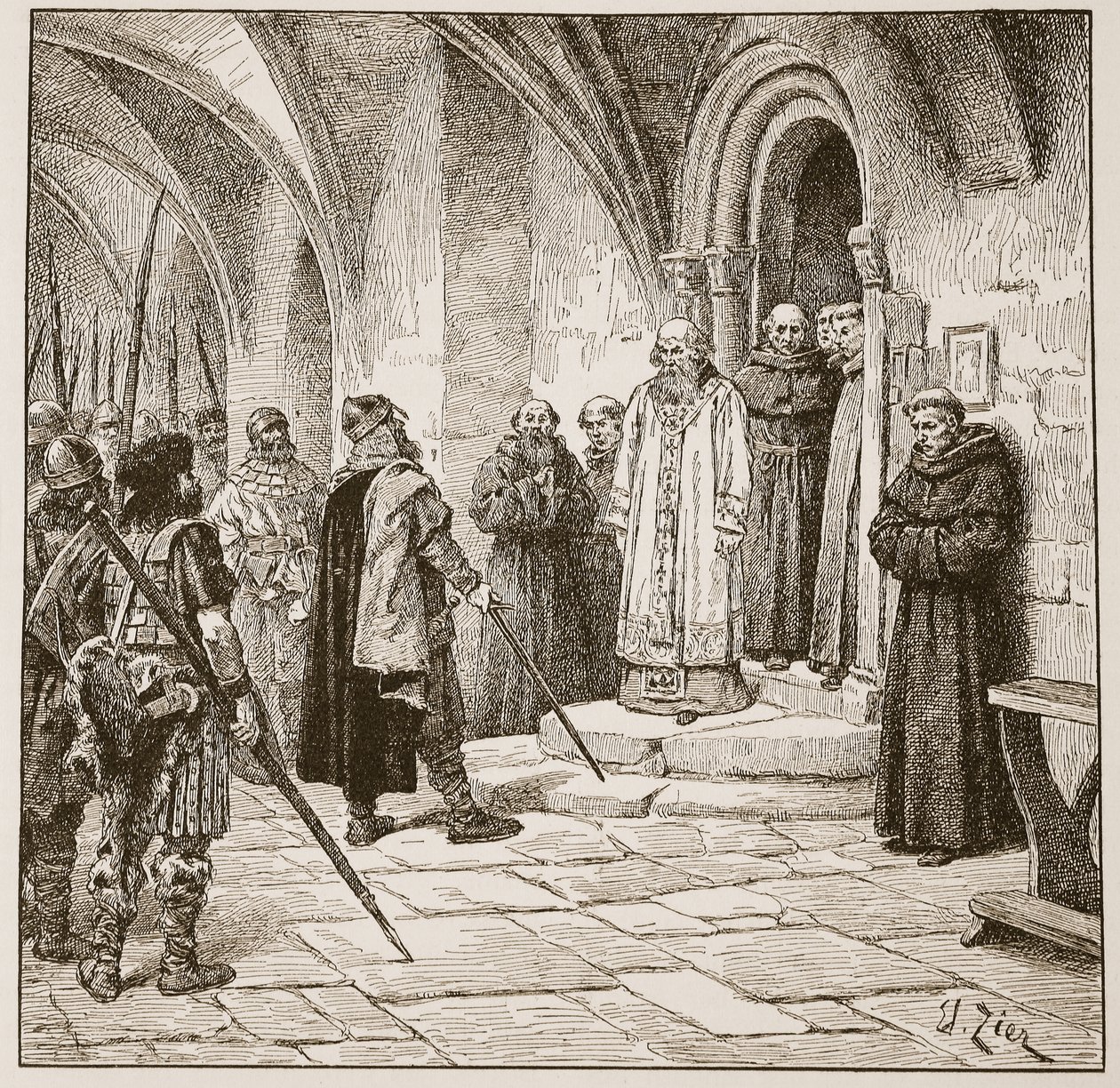 Swein exigindo resgate, ilustração de "A Igreja da Inglaterra: uma história para o povo" por HDM Spence-Jones, pub. c.1910 (foto sépia) de Francois Edouard Zier