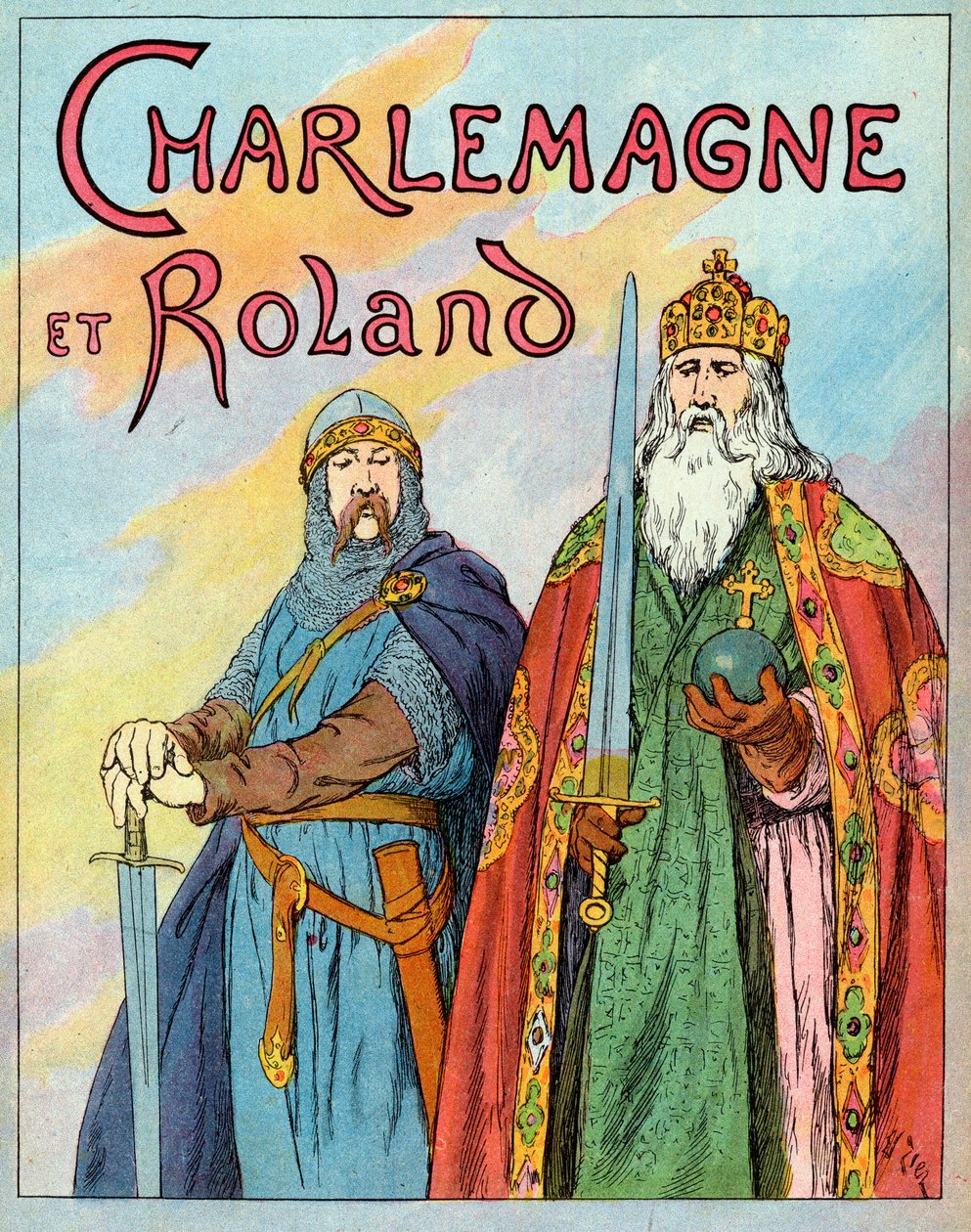 O rei franco Carlos o grande e o cavaleiro francês Roland de Roncevaux - Carlos Magno e Le Chevalier Roland (736-778) - Ilustração de François Zier (1856-1924) tirada de "Nos-Gires-Nationales" por volta de 1920 de Francois Edouard Zier