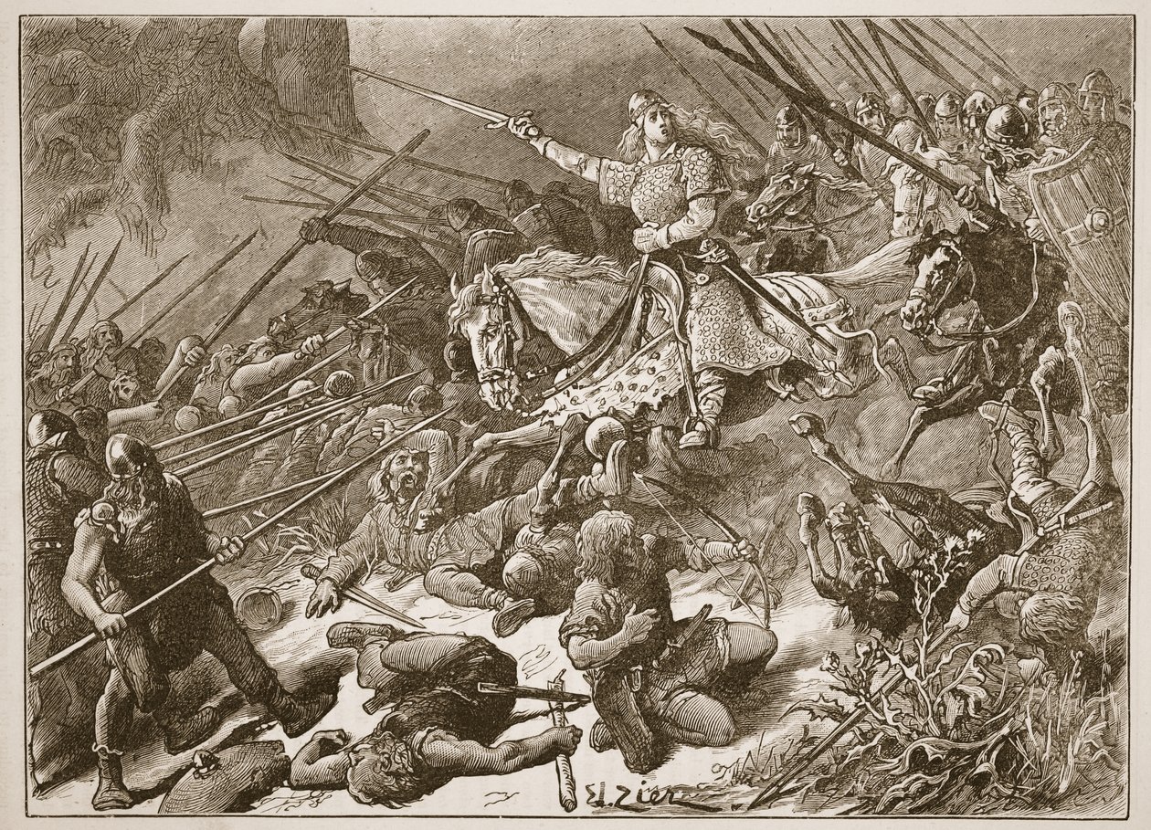 A &39;Senhora dos Mercianos&39; lutando com o galês, ilustração de &39;História Ilustrada de Cassell da Inglaterra&39; (foto sépia) de Francois Edouard Zier