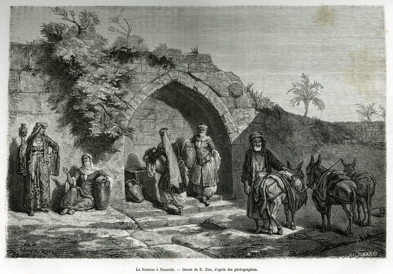 A fonte tem Nazaré. Gravura de E.Zier, para ilustrar a história La Syria d