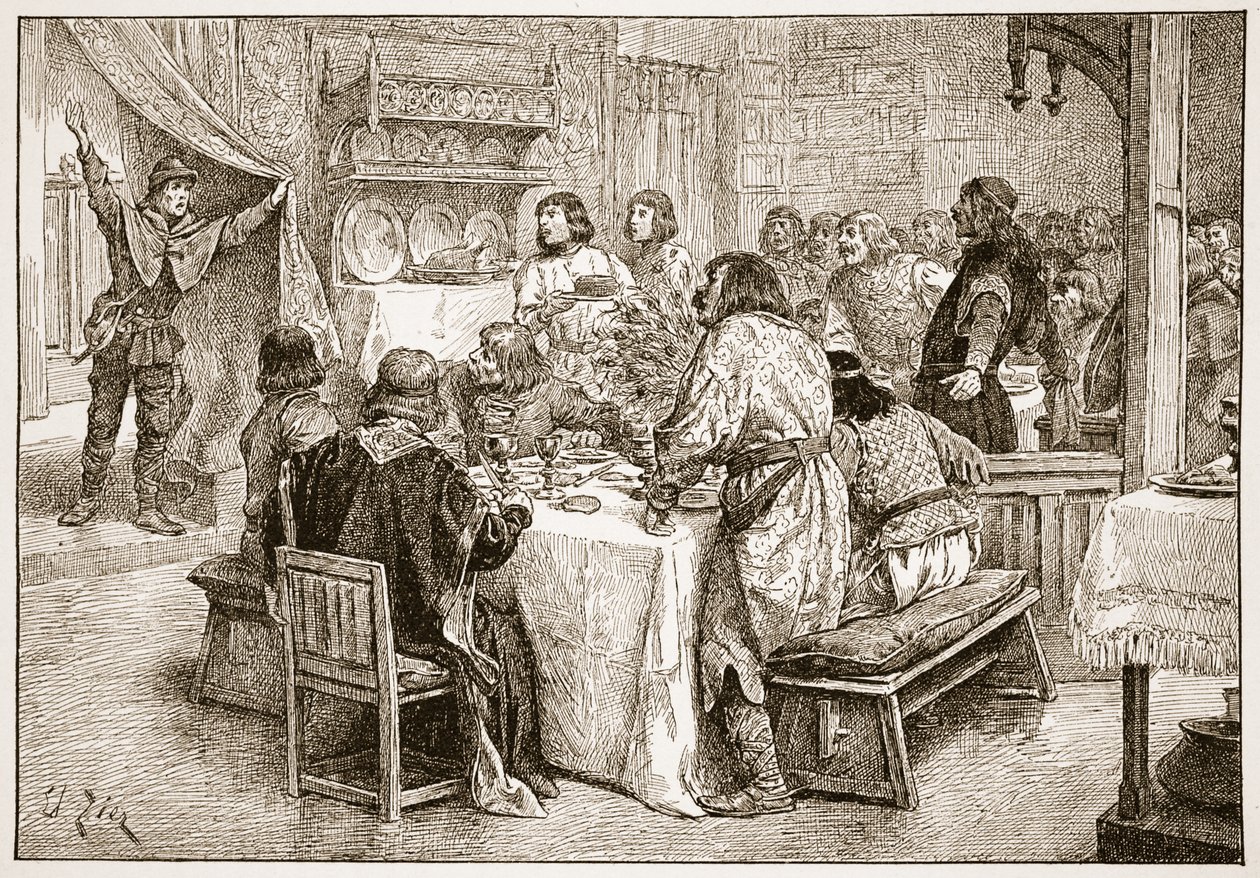 O mensageiro traz para Harold a notícia do desembarque de William, ilustração de "A Igreja da Inglaterra: Uma História para o Povo" de HDM Spence-Jones, pub. c.1910 (foto sépia) de Francois Edouard Zier