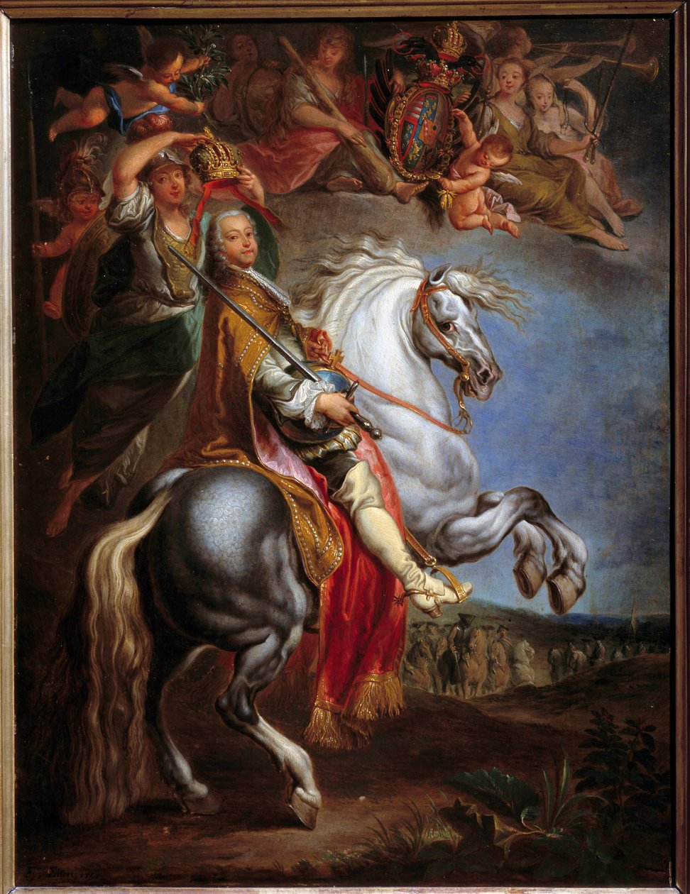 Retrato equestre de François III (1708-1765), Duque de Lorena, então Imperador Germânico e Grão-Duque da Toscana, Esposa de Marie Therese da Áustria (1717-1780) Pintura de François Eisen (1695-1778) de Francois Eisen