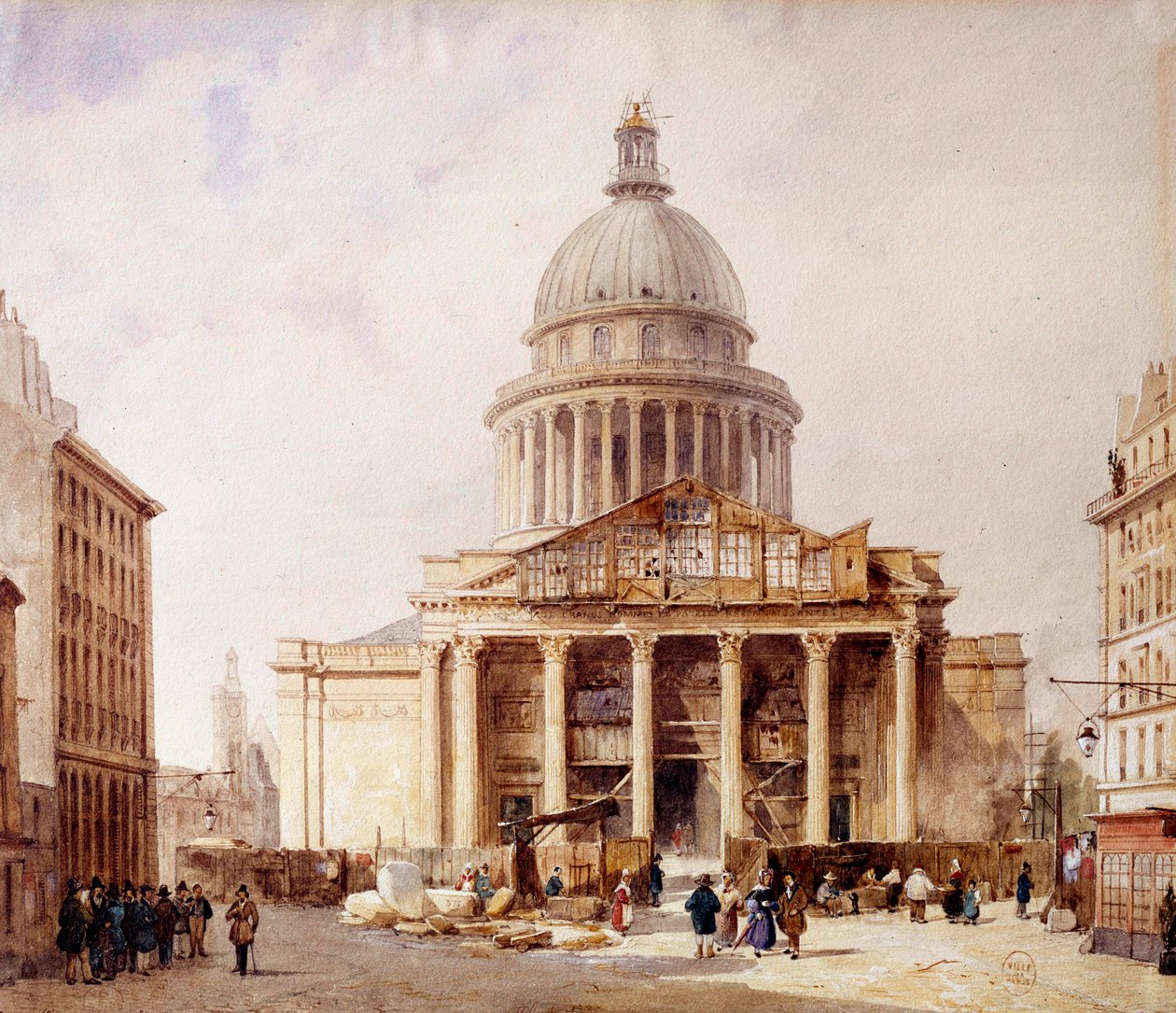Vista do Panteão em construção em Paris a partir da rue Soufflot O edifício foi construído sobre o projeto de Jacques Germain Soufflot (1713-1780) no local da igreja de Sainte Genevieve. Aquarela de François Etienne Villeret (ca. 1800-1866) 1835. P de Francois Etienne Villeret